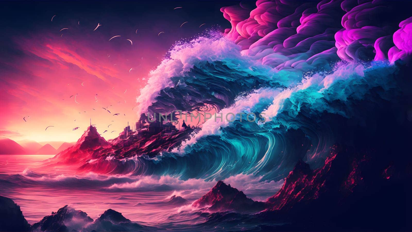 ocean wave at purple sunset in retro style, neural network generated art. Digitally generated image. Not based on any actual person, scene or pattern.