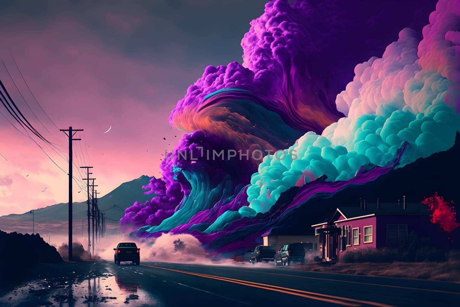 giant colorful vapour waves is about to cover small town houses near highway at sunset, neural network generated art by z1b