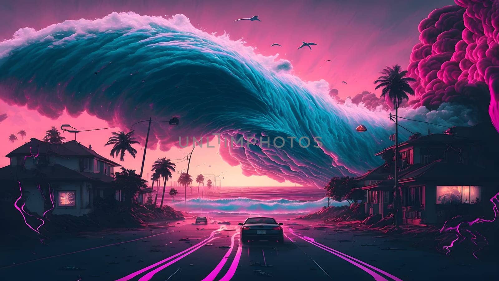 giant colorful vapour waves is about to cover small coastal town houses near highway at sunset, neural network generated art by z1b