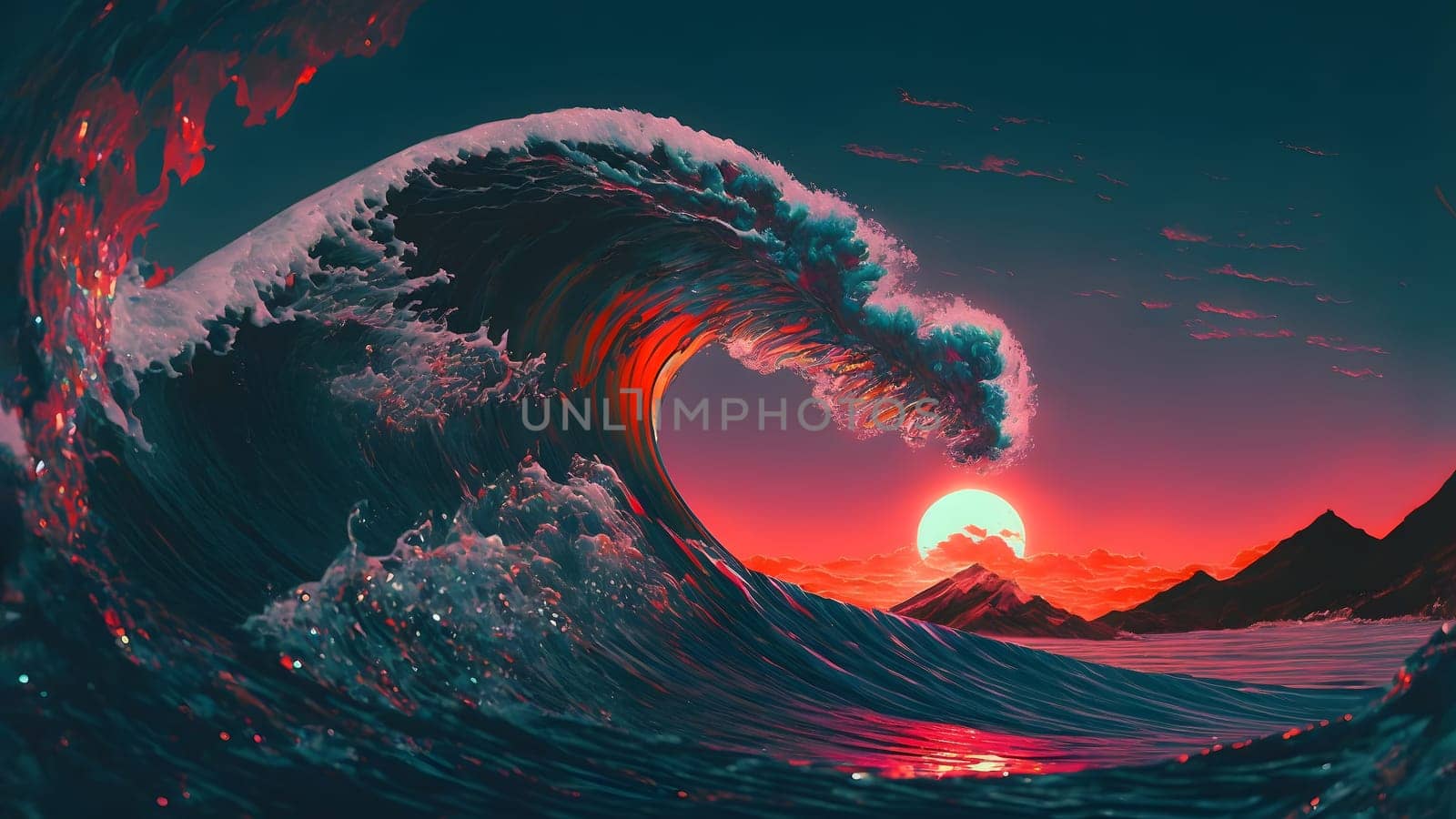 ocean wave at purple sunset in retro style, neural network generated art by z1b