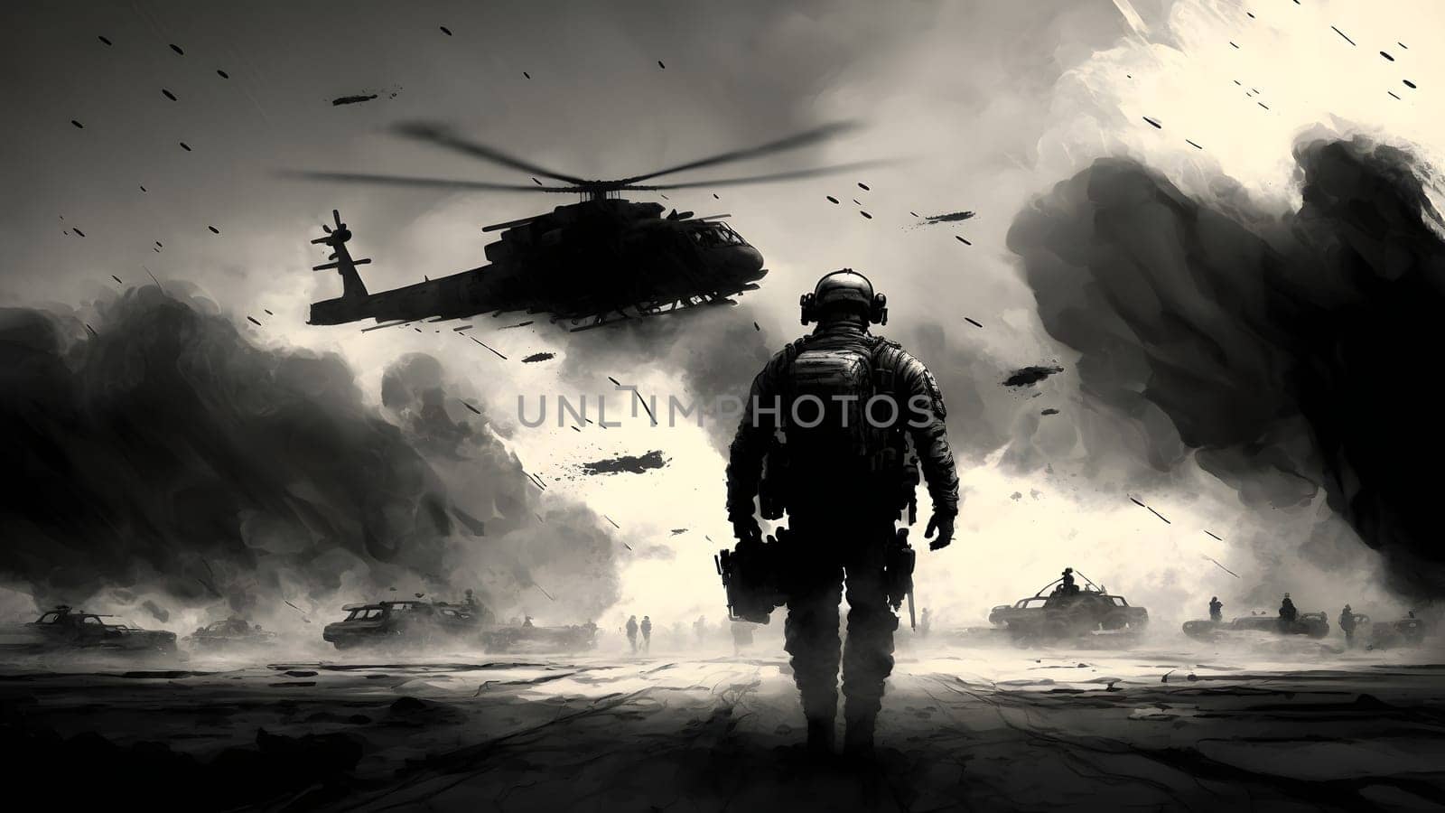 soldier walking away from camera in front of smoky battlefield, neural network generated art by z1b