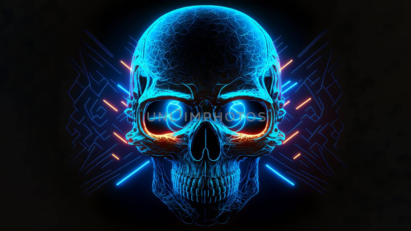 neon skull on black background, neural network generated art. Digitally generated image. Not based on any actual person, scene or pattern.
