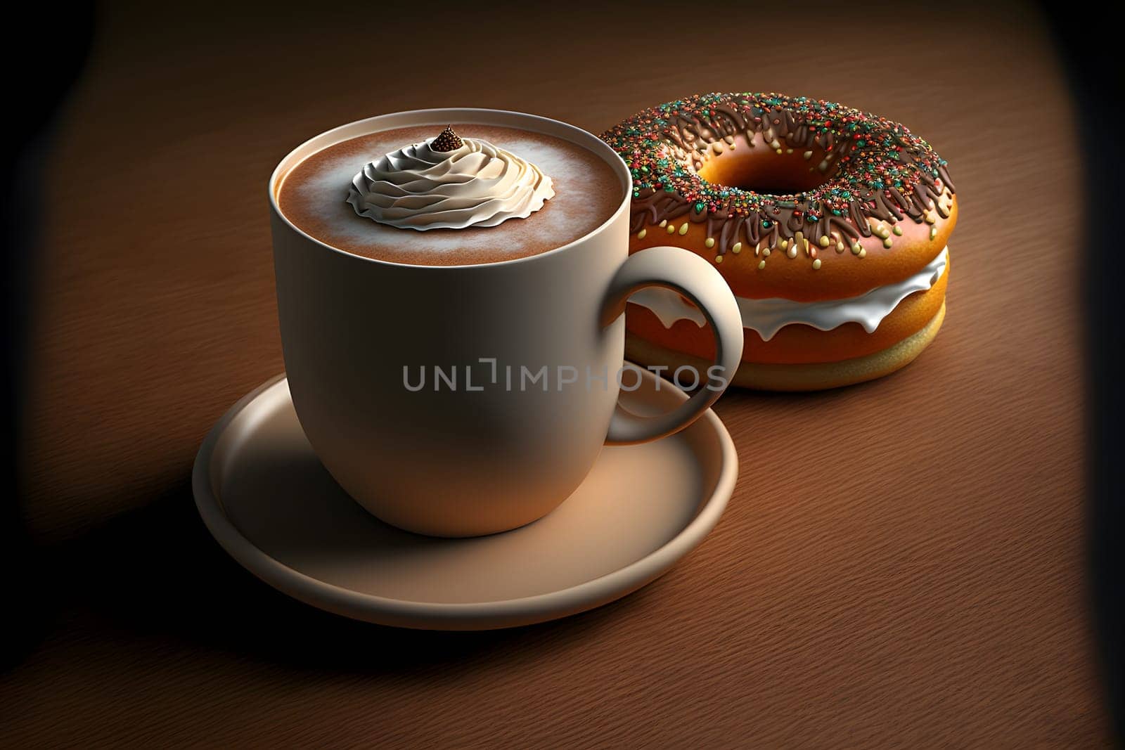 cup of latte and glazed donut on table, neural network generated art. Digitally generated image. Not based on any actual person, scene or pattern.