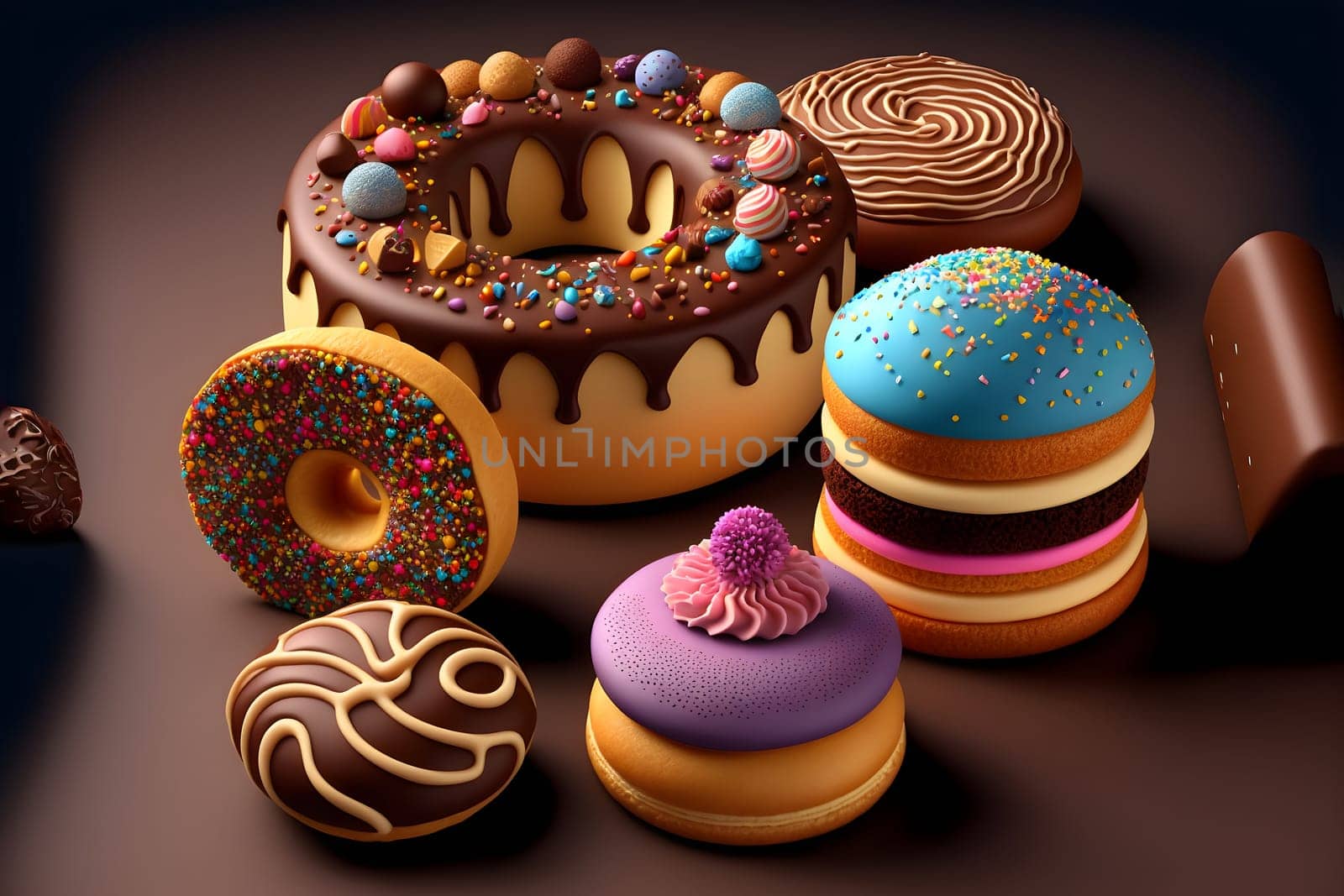 stack of glazed donuts and cake, neural network generated art. Digitally generated image. Not based on any actual scene or pattern.