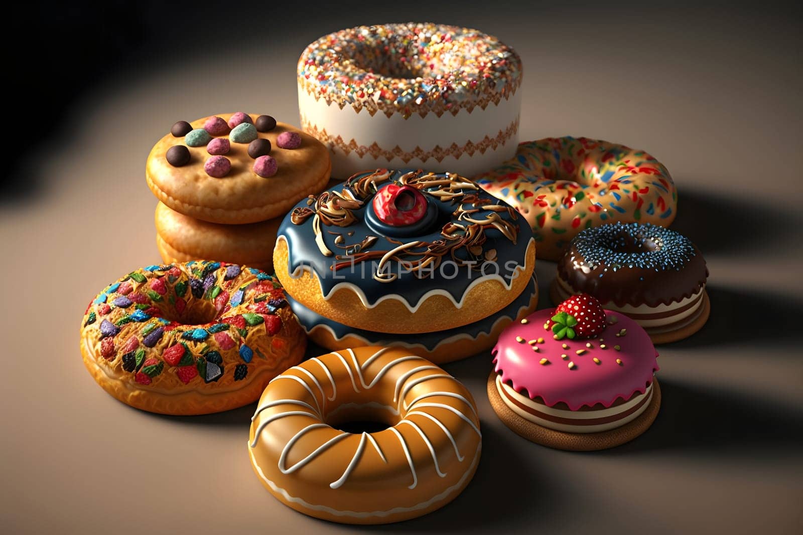 many glazed donuts and cake, neural network generated art. Digitally generated image. Not based on any actual scene or pattern.
