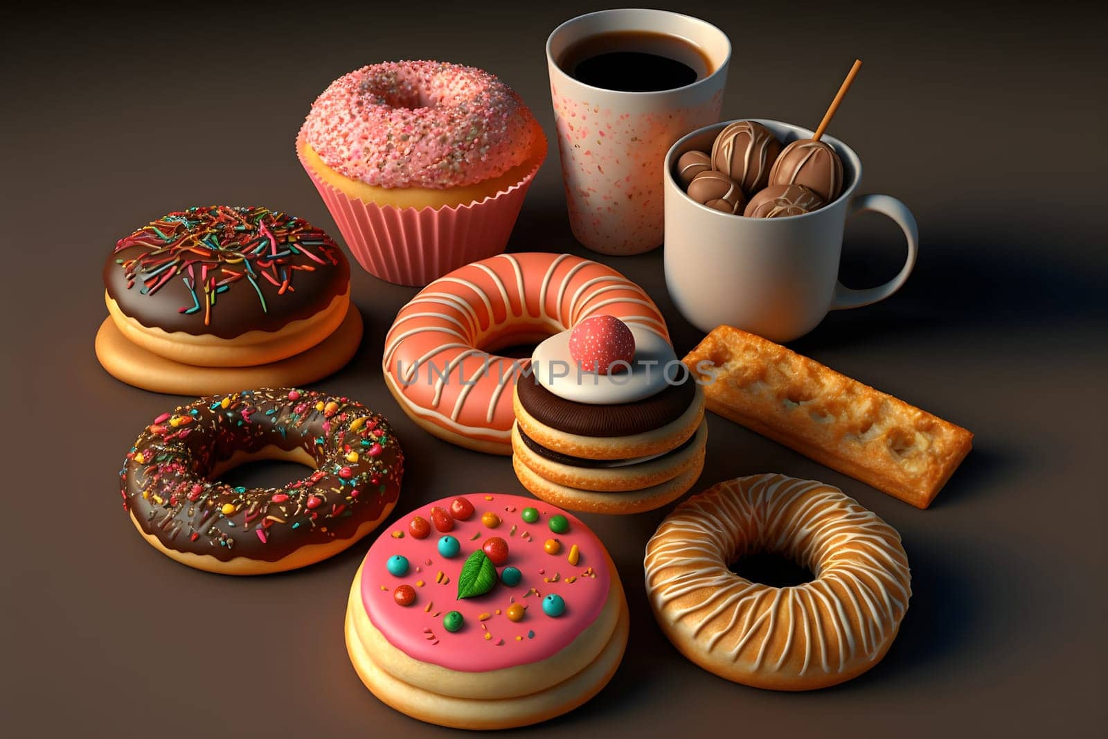 cup of coffee and glazed donut on table, neural network generated art. Digitally generated image. Not based on any actual person, scene or pattern.