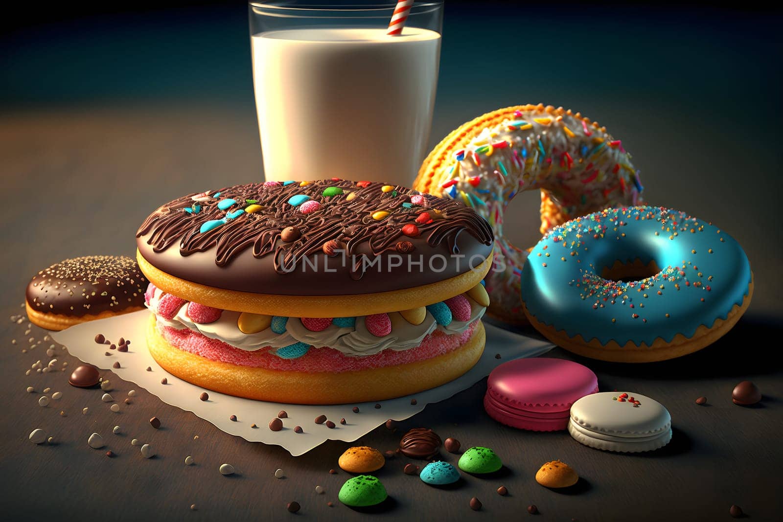 cup of milk and glazed donuts on table, neural network generated art. Digitally generated image. Not based on any actual person, scene or pattern.