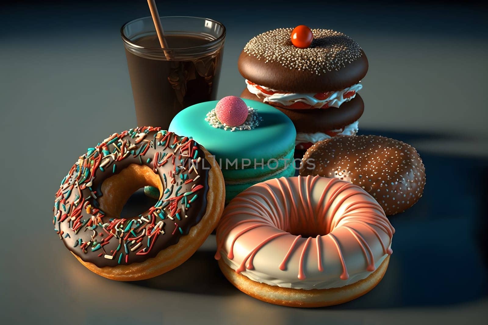 cup of coffee and glazed donut on table, neural network generated art. Digitally generated image. Not based on any actual person, scene or pattern.