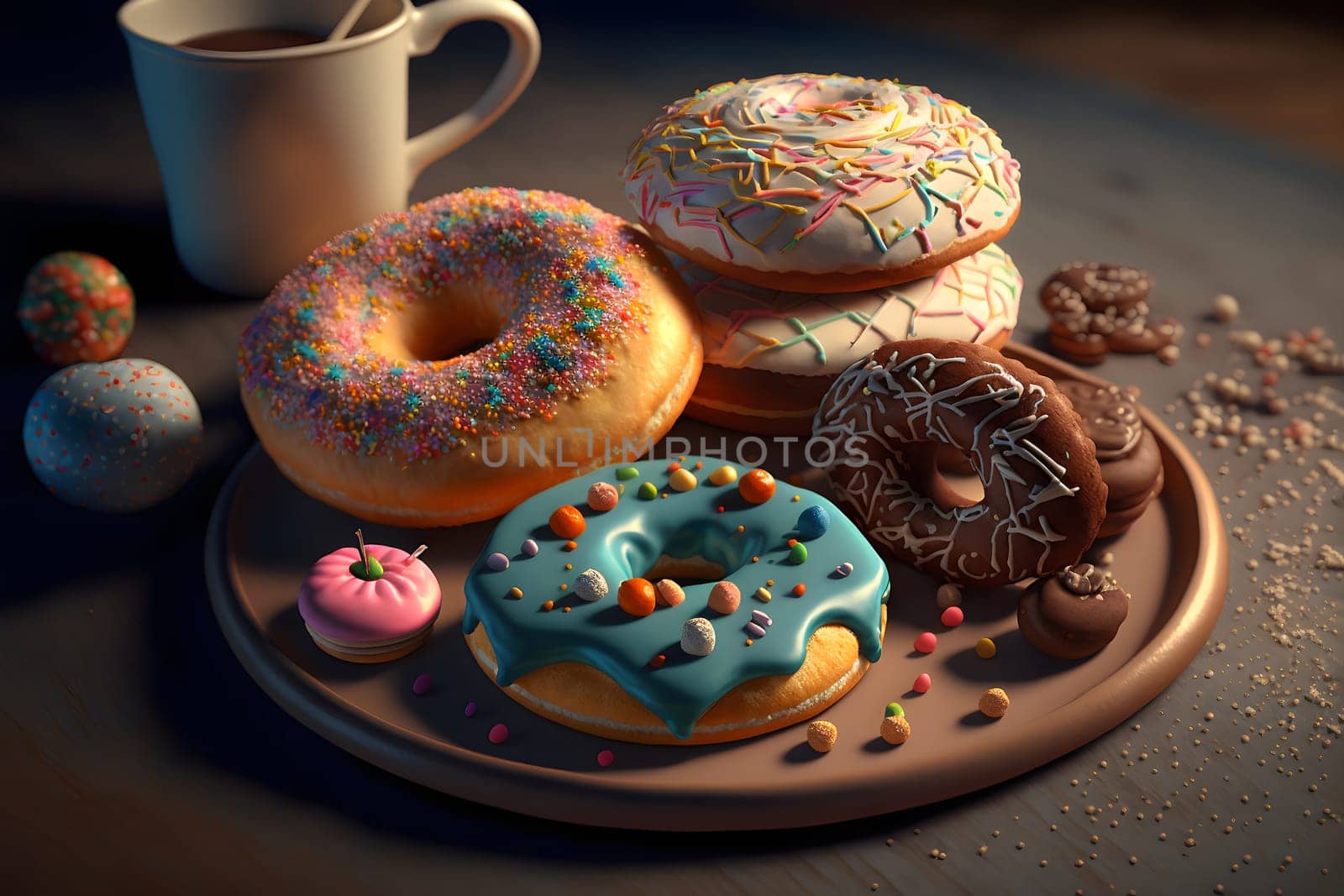 cup of coffee and glazed donut on table, neural network generated art. Digitally generated image. Not based on any actual person, scene or pattern.