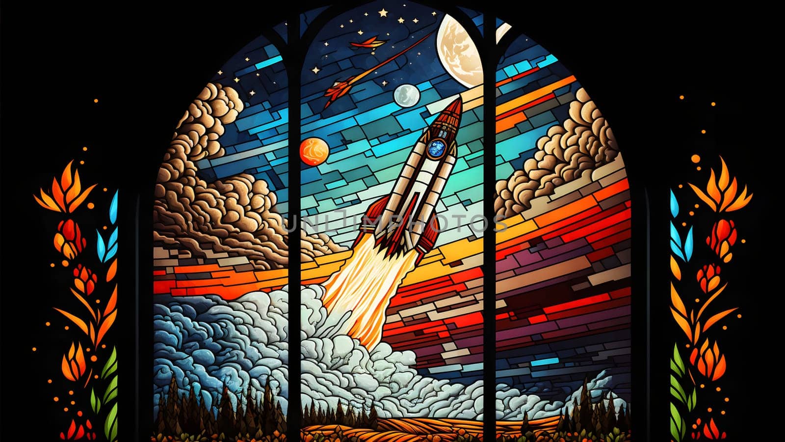rocket launch, center composition, style of stained glass, neural network generated art. Digitally generated image. Not based on any actual person, scene or pattern.