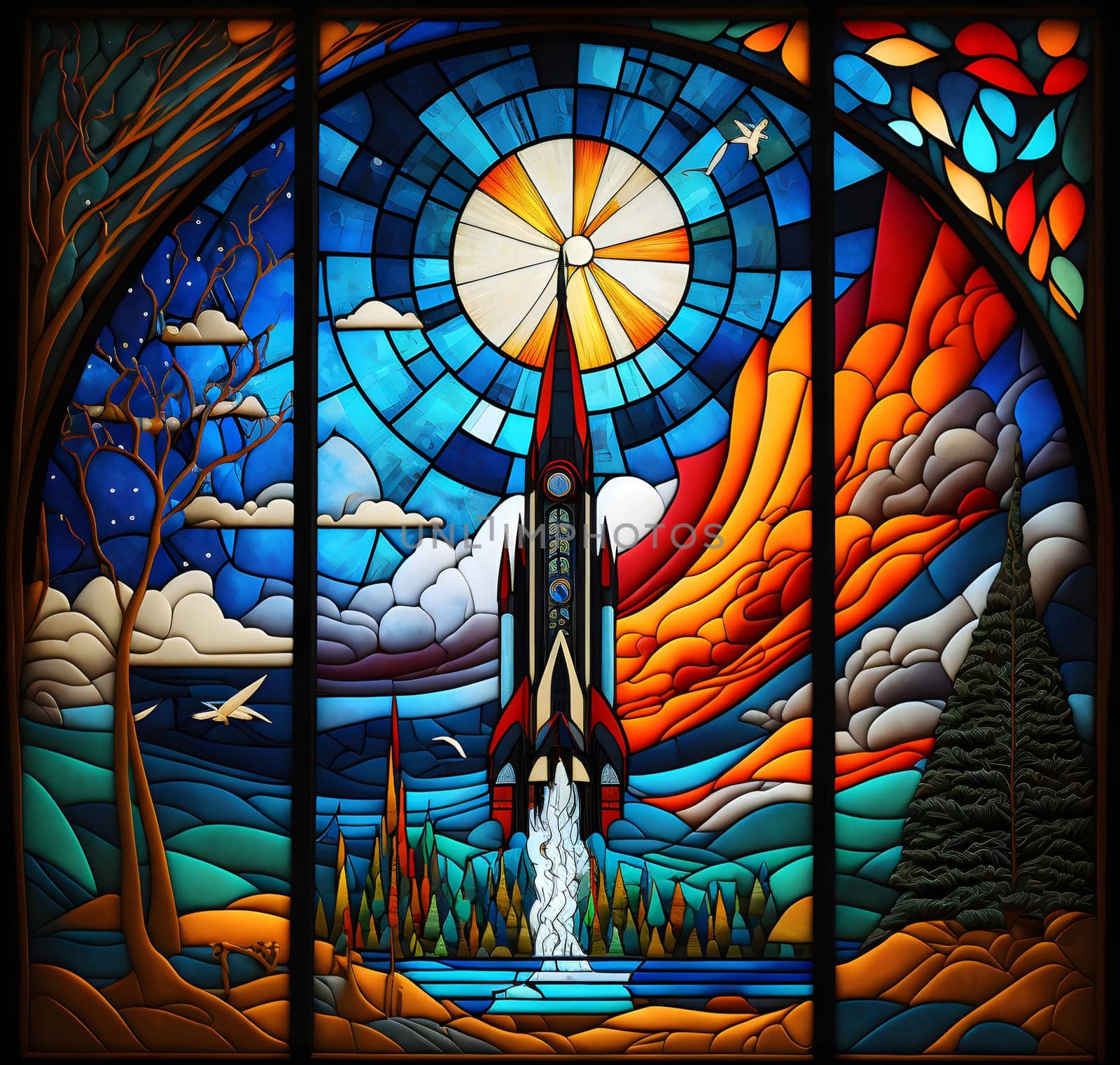 rocket launch, center composition, style of stained glass, neural network generated art. Digitally generated image. Not based on any actual person, scene or pattern.