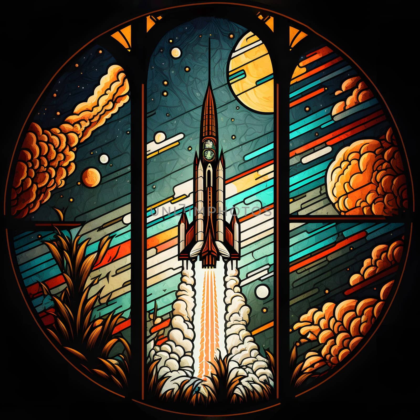 rocket launch, center composition, style of stained glass, neural network generated art. Digitally generated image. Not based on any actual person, scene or pattern.