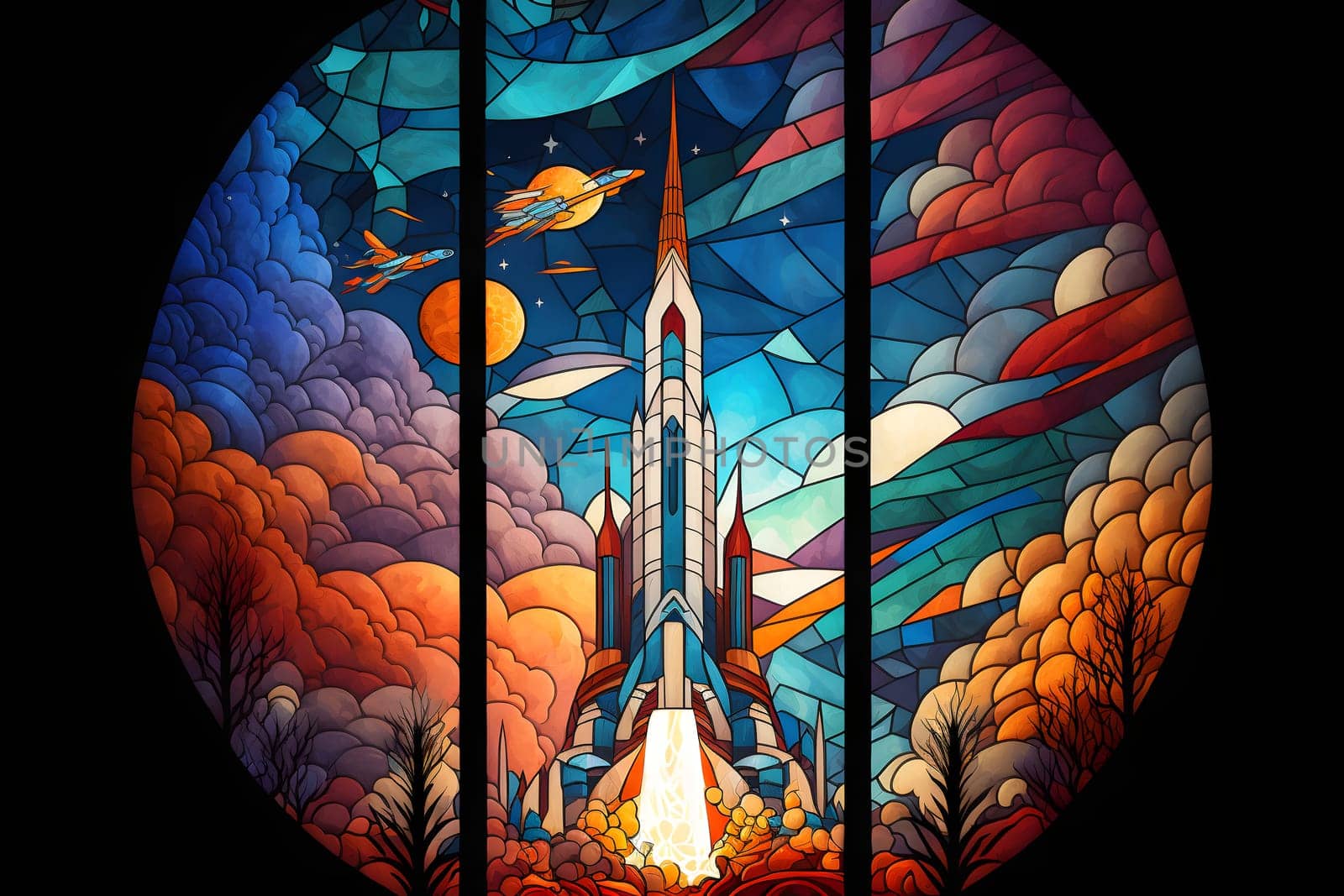 rocket launch, center composition, style of stained glass, neural network generated art. Digitally generated image. Not based on any actual person, scene or pattern.