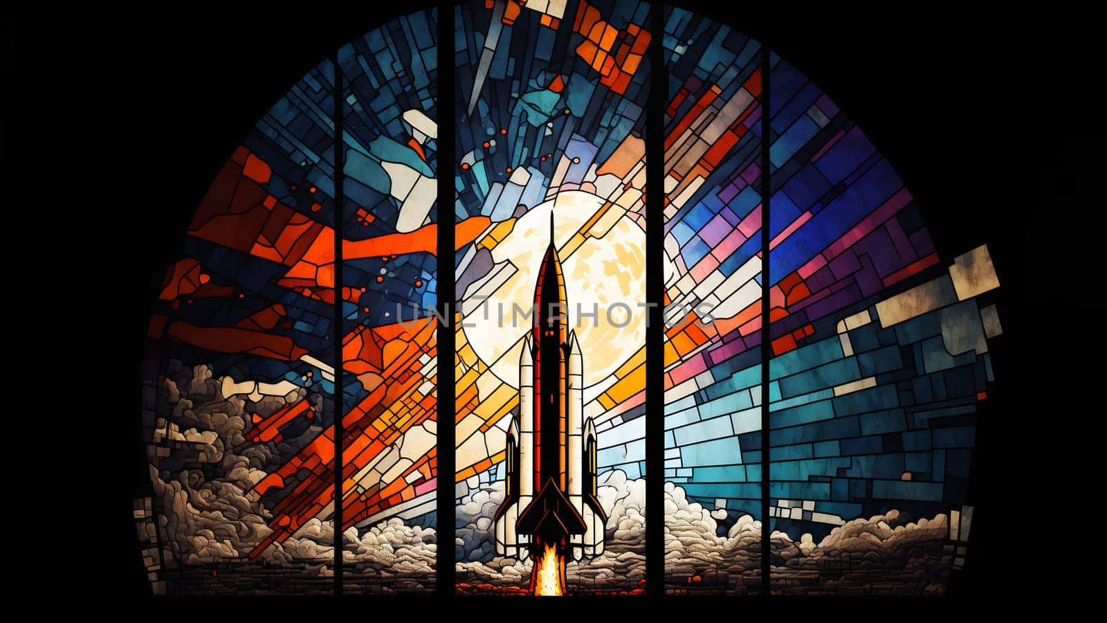 rocket launch, center composition, style of stained glass, neural network generated art. Digitally generated image. Not based on any actual person, scene or pattern.