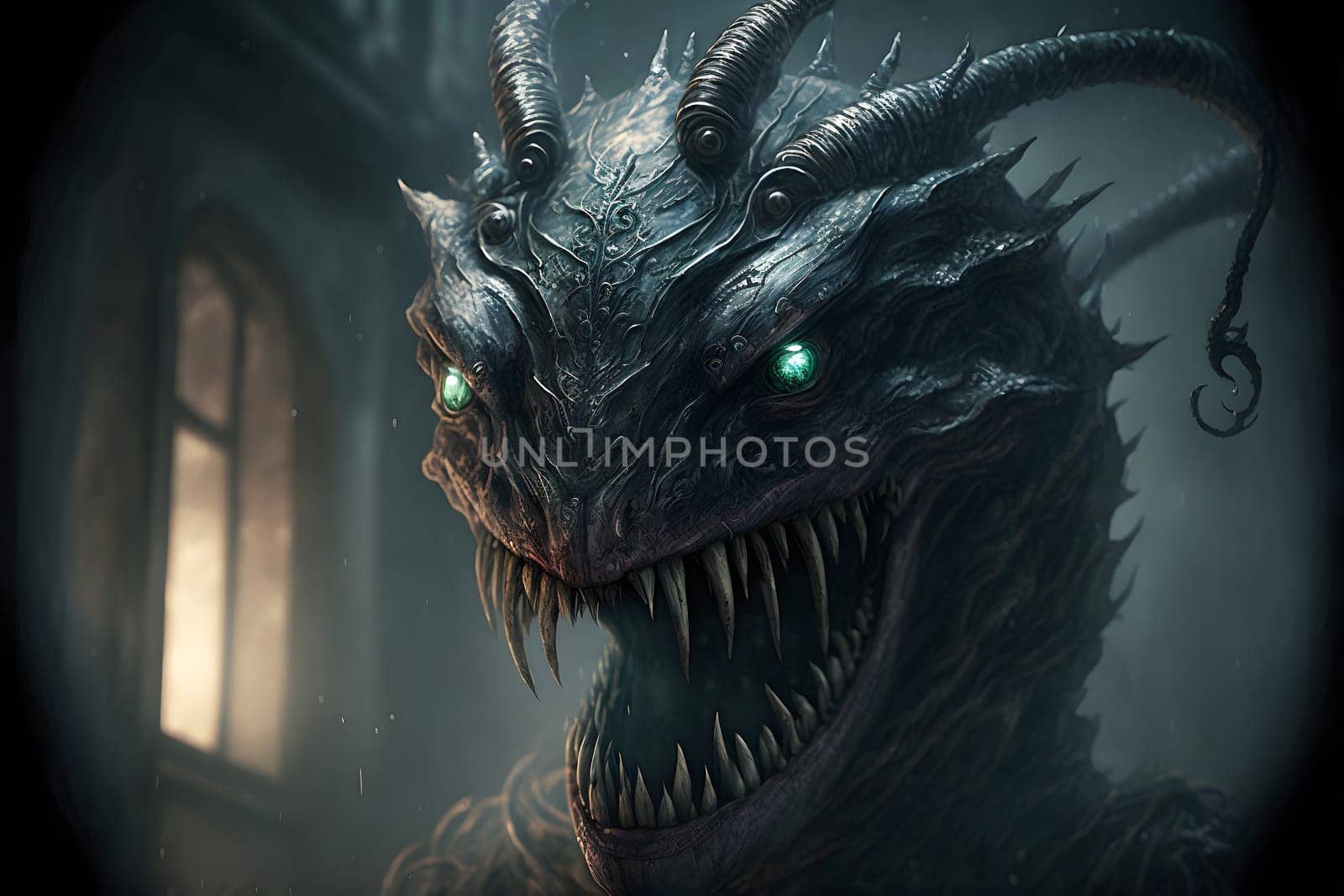 demonic nightmare beast covered with sharp thorns, neural network generated art. Digitally generated image. Not based on any actual person, scene or pattern.