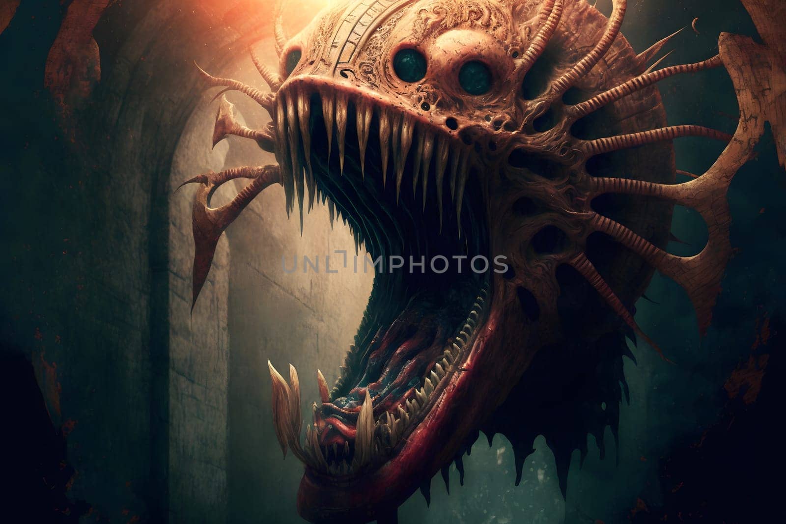 demonic nightmare beast covered with sharp thorns, neural network generated art. Digitally generated image. Not based on any actual person, scene or pattern.