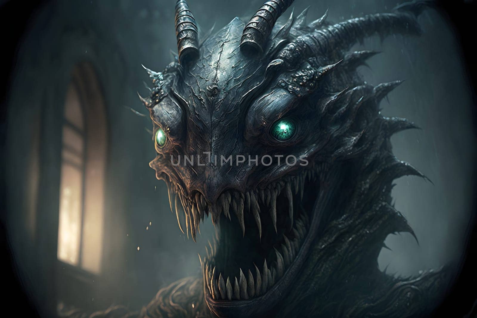 demonic nightmare beast covered with sharp thorns, neural network generated art. Digitally generated image. Not based on any actual person, scene or pattern.