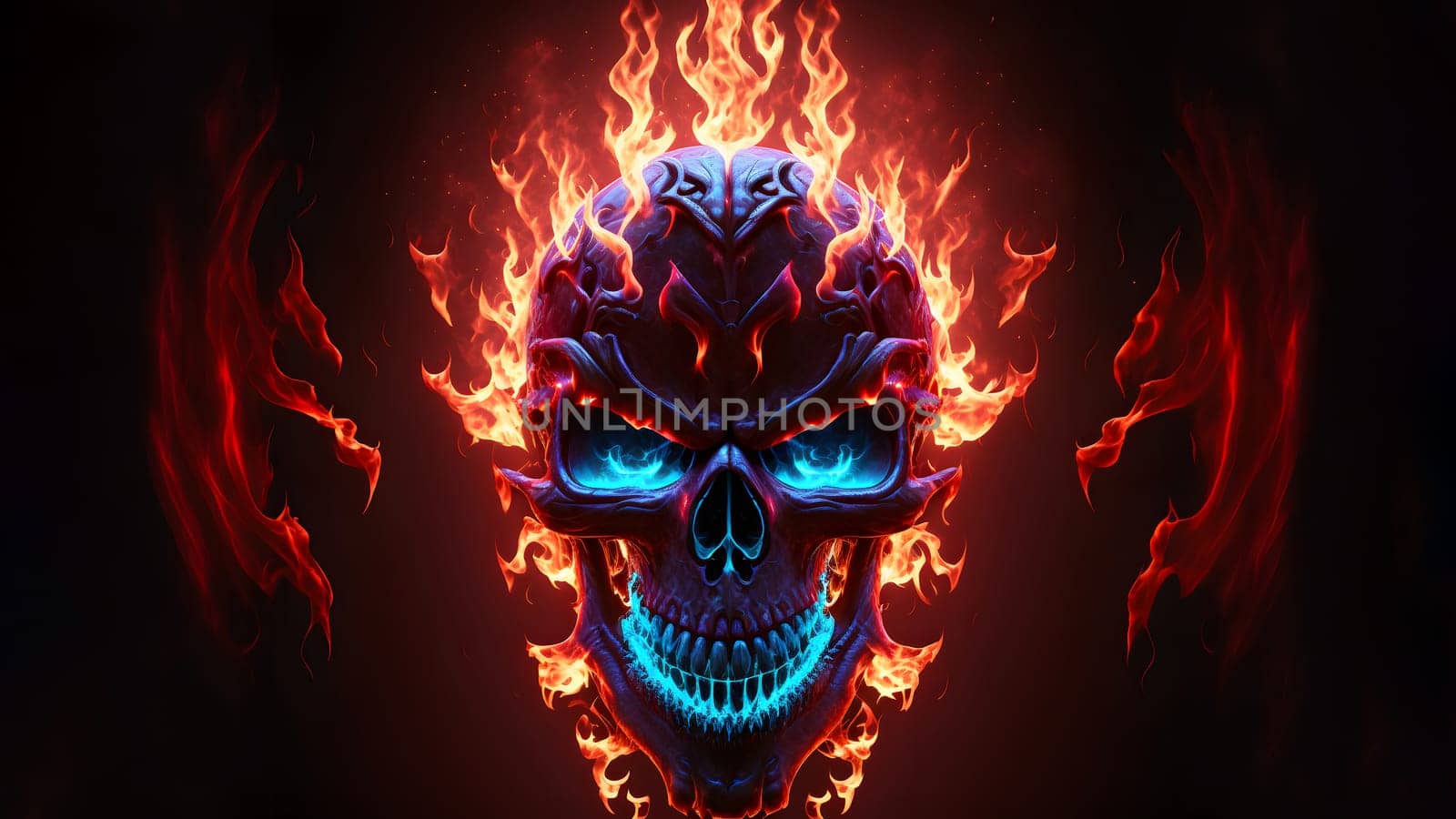 burning scull on black background, neural network generated art. Digitally generated image. Not based on any actual person, scene or pattern.