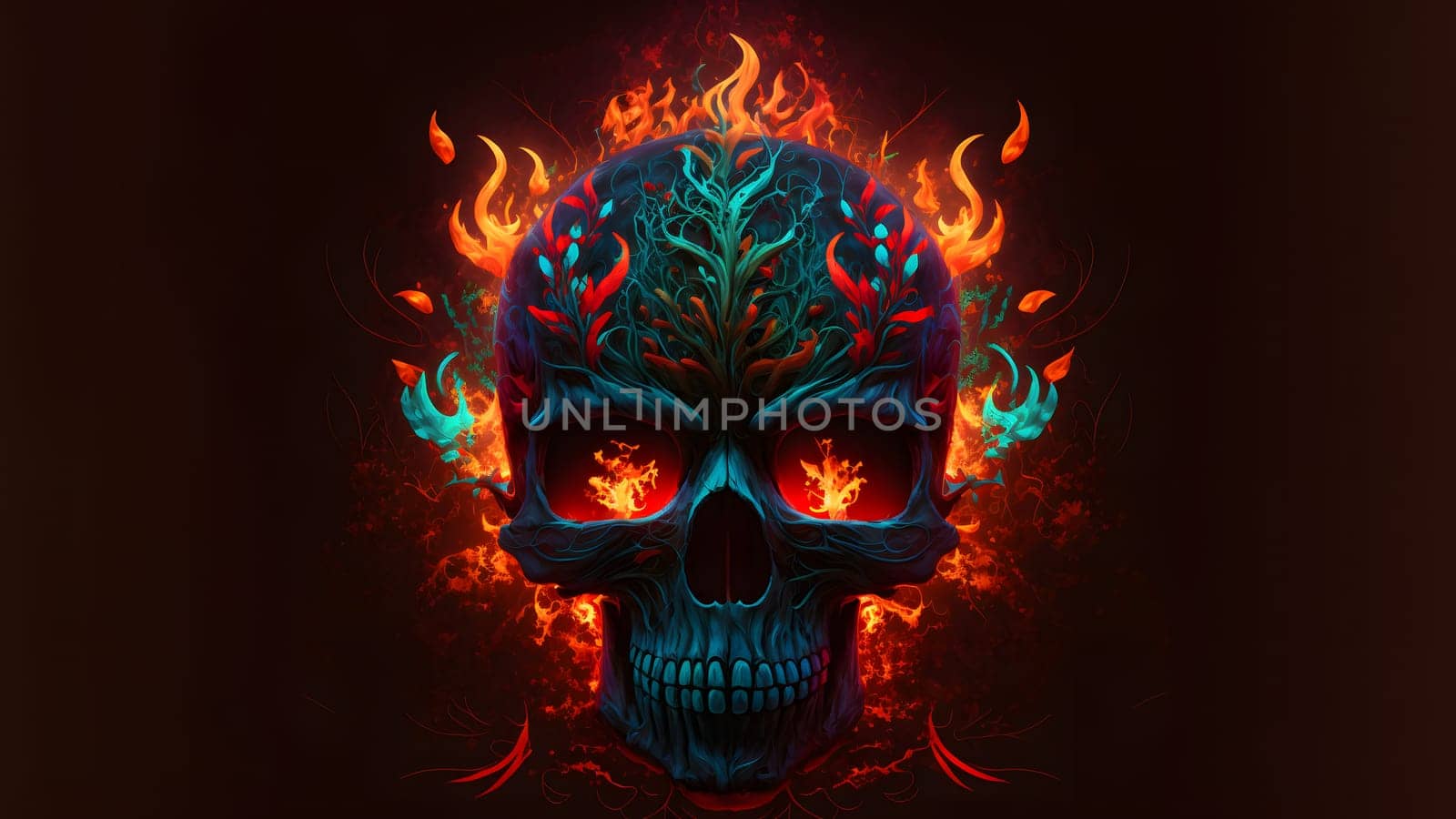 burning scull on black background, neural network generated art. Digitally generated image. Not based on any actual person, scene or pattern.