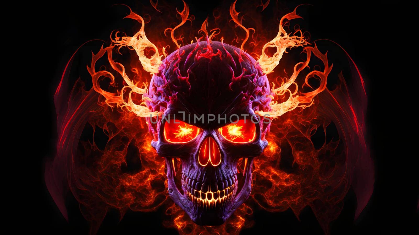 burning scull on black background, neural network generated art. Digitally generated image. Not based on any actual person, scene or pattern.