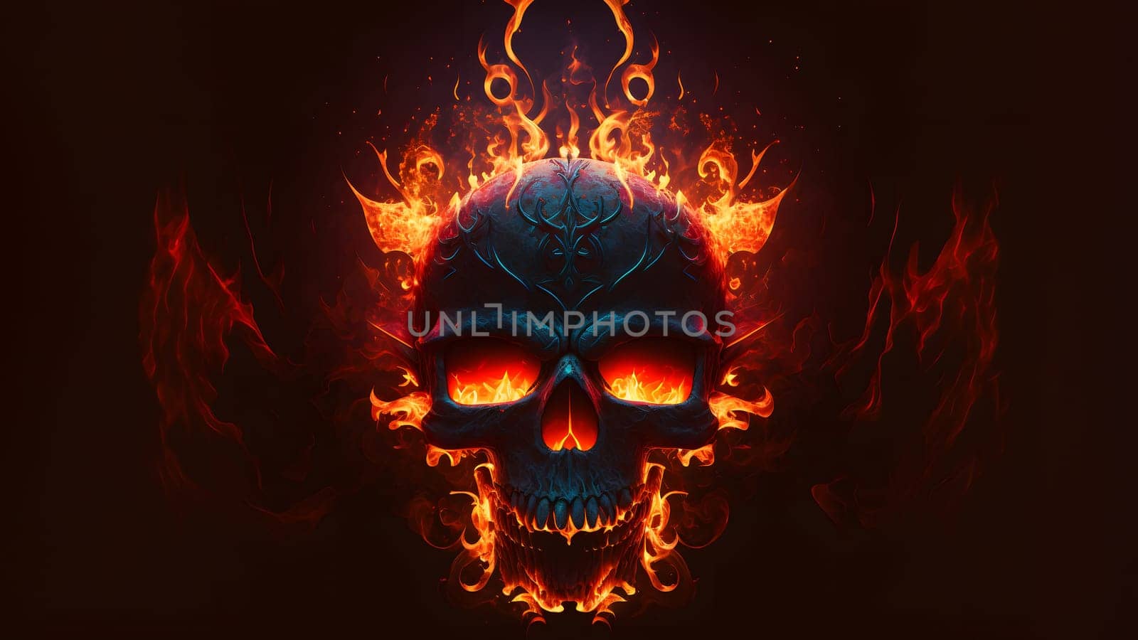 burning scull on black background, neural network generated art. Digitally generated image. Not based on any actual person, scene or pattern.