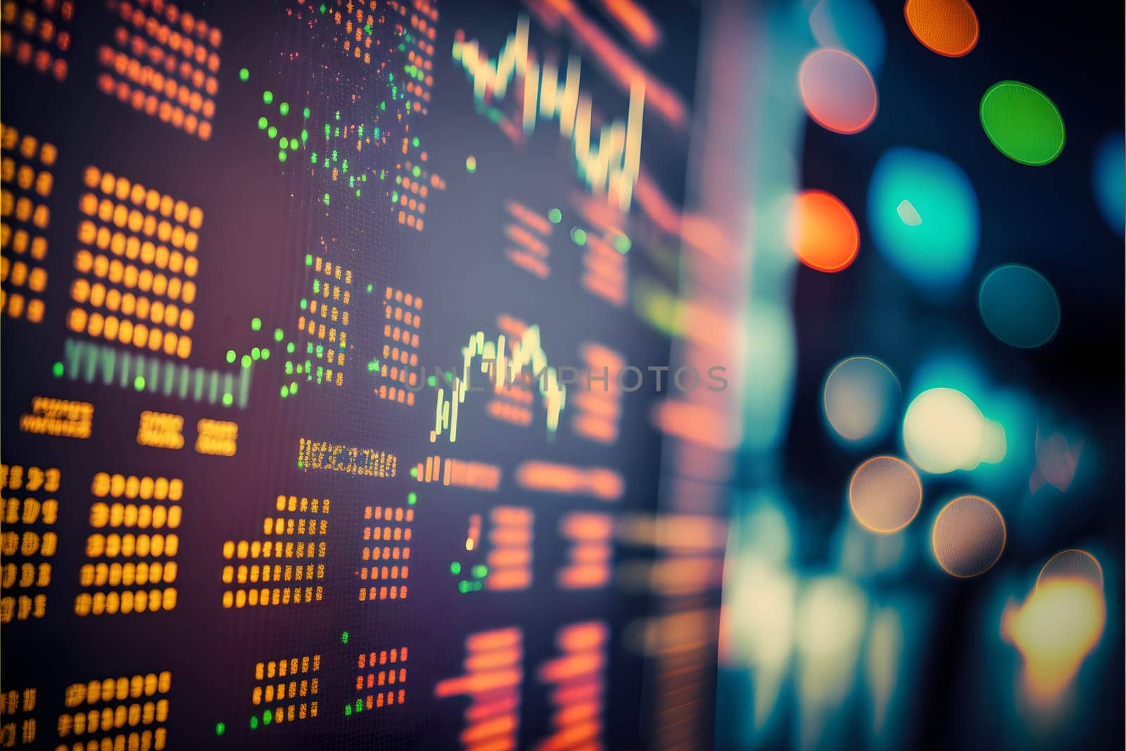abstract stock market data on digital screen, closeup with selective focus and bokeh, neural network generated art. Digitally generated image. Not based on any actual person, scene or pattern.