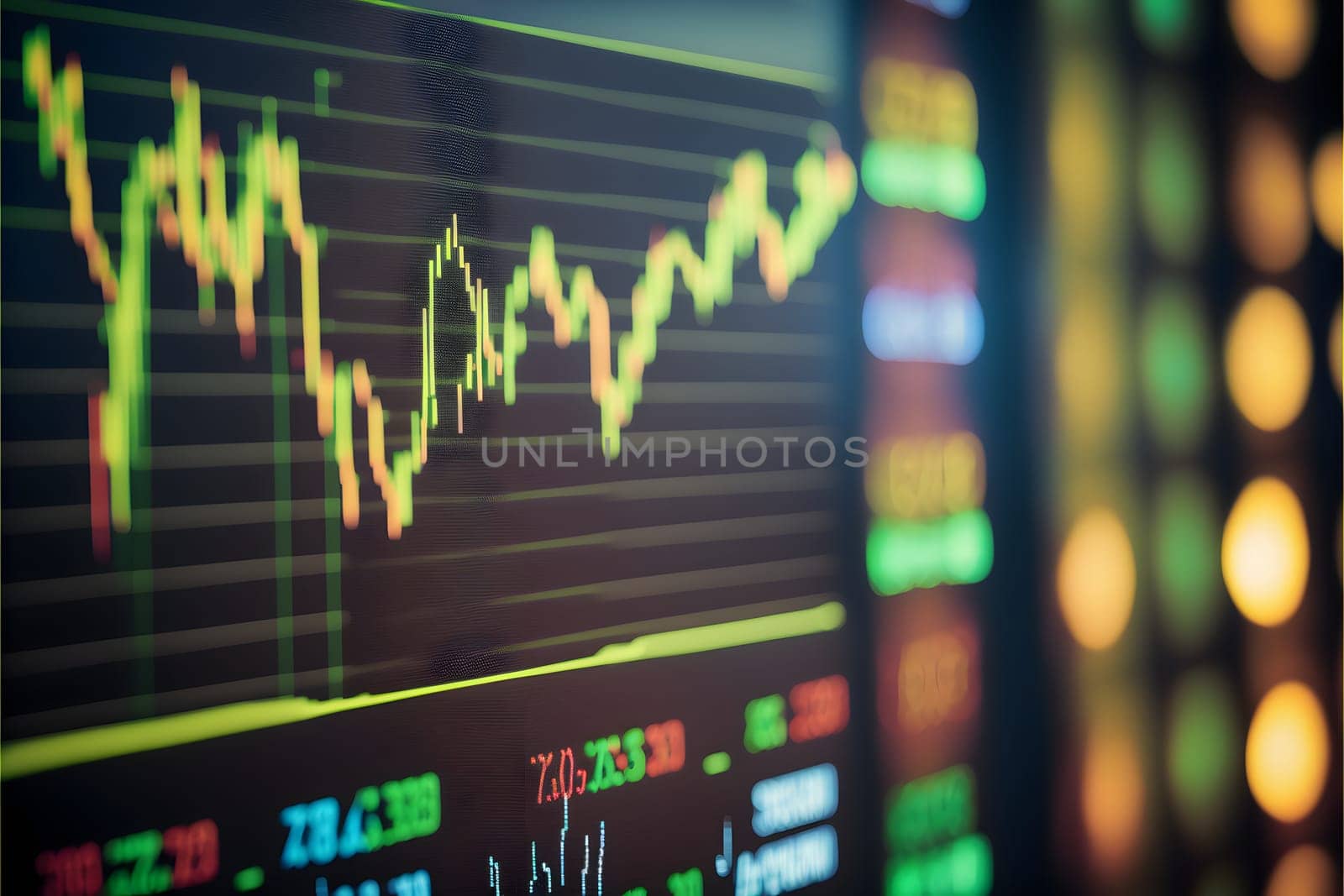 abstract stock market data on digital screen, closeup with selective focus and bokeh, neural network generated art. Digitally generated image. Not based on any actual person, scene or pattern.