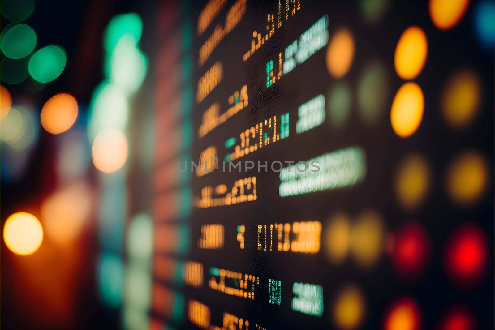 abstract stock market data on digital screen, closeup with selective focus and bokeh, neural network generated art. Digitally generated image. Not based on any actual person, scene or pattern.