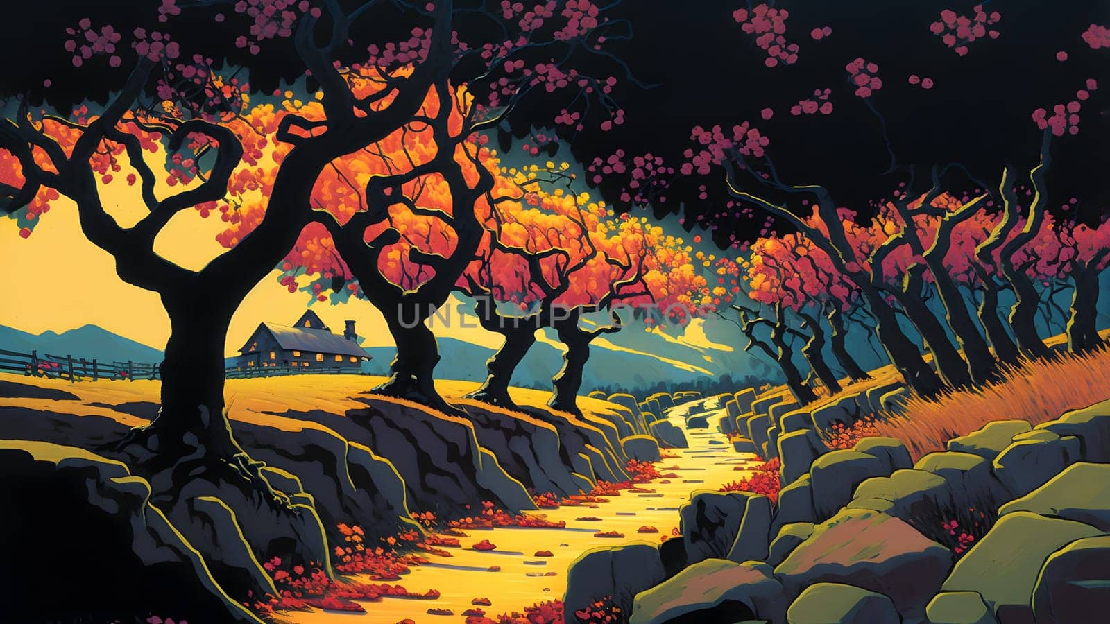 artistic 2d painting of autumn landscape with alley of trees with distant farm house on horizon, neural network generated art. Digitally generated image. Not based on any actual scene or pattern.