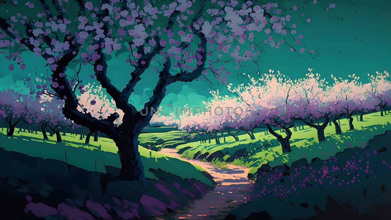 artistic 2d painting of spring blooming tree garden at daytime, neural network generated art. Digitally generated image. Not based on any actual person, scene or pattern.