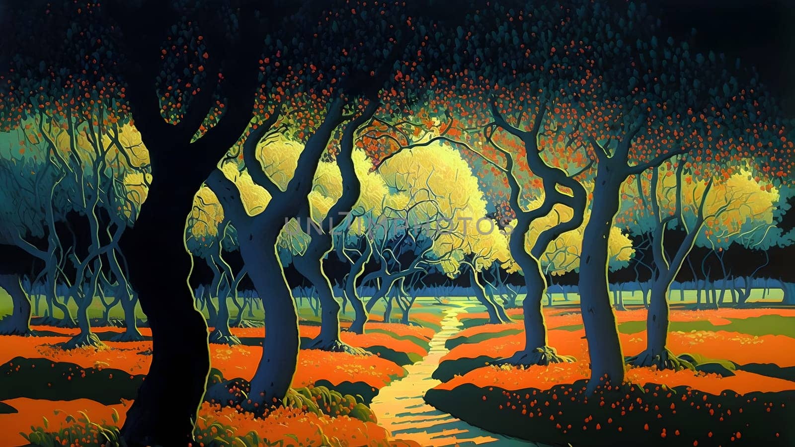 stylish artistic 2D painting of autumn tree garden, neural network generated art. Digitally generated image. Not based on any actual scene or pattern.