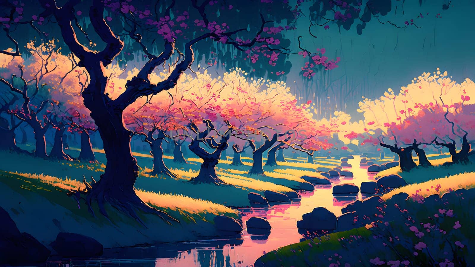 artistic 2d painting of spring landscape with blooming trees and small river, neural network generated art. Digitally generated image. Not based on any actual person, scene or pattern.