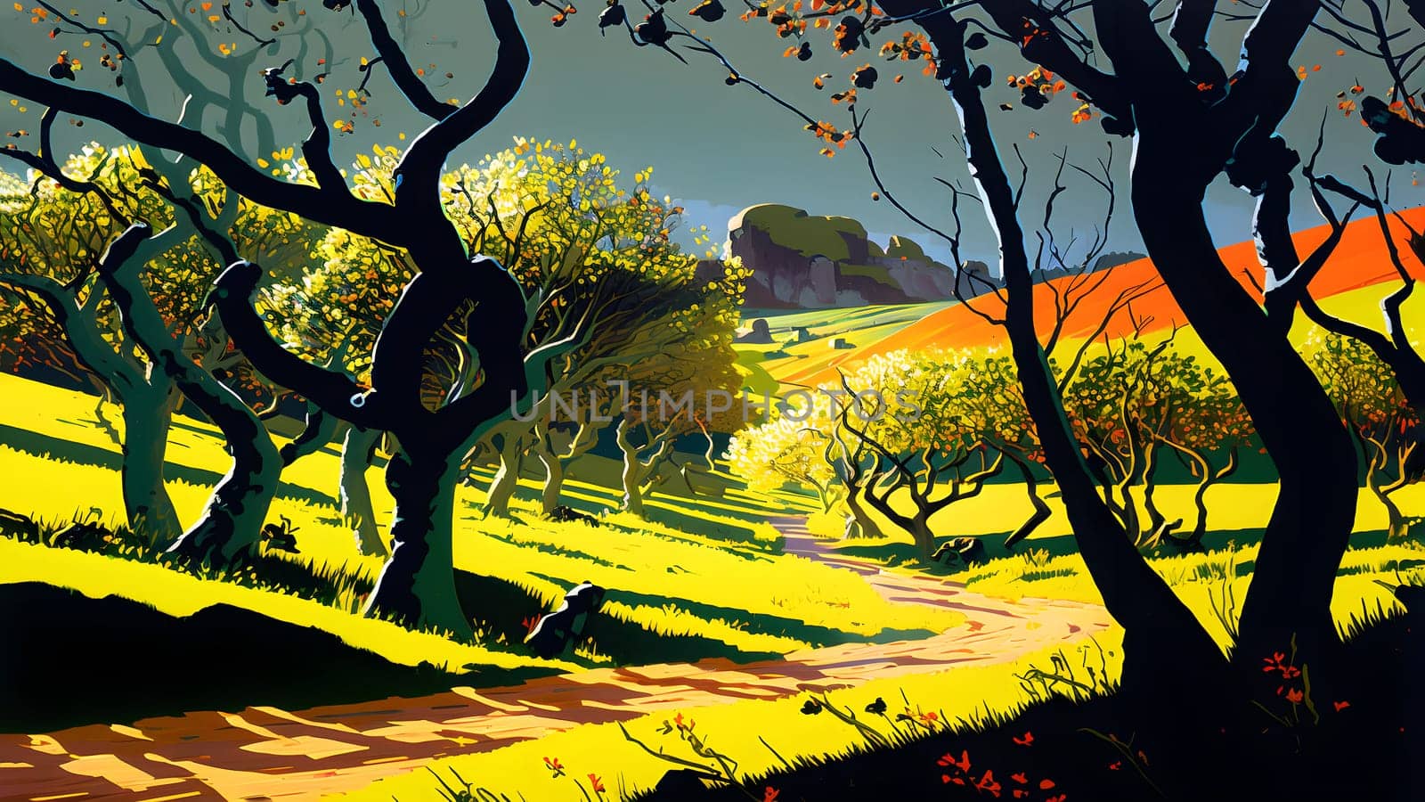 beautiful artistic 2d painting of summer landscape with old trees garden with footpath between them, neural network generated art. Digitally generated image. Not based on any actual scene or pattern.