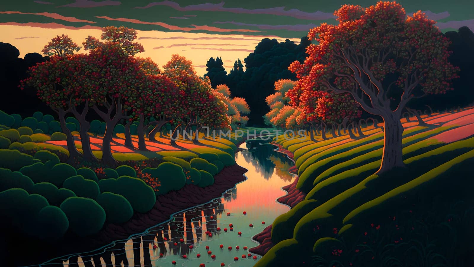 artistic 2d painting of evening landscape with autumnal trees on banks of small river, neural network generated art. Digitally generated image. Not based on any actual scene or pattern.