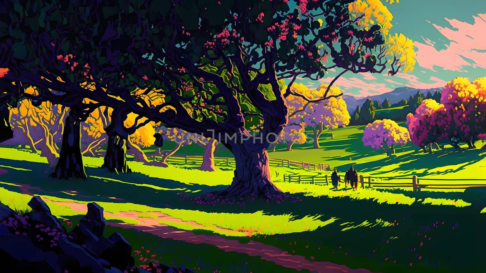 artistic painting of sunny landscape with old trees, footpath and group of people near rustic fence, neural network generated art. Digitally generated image. Not based on any actual scene or pattern.