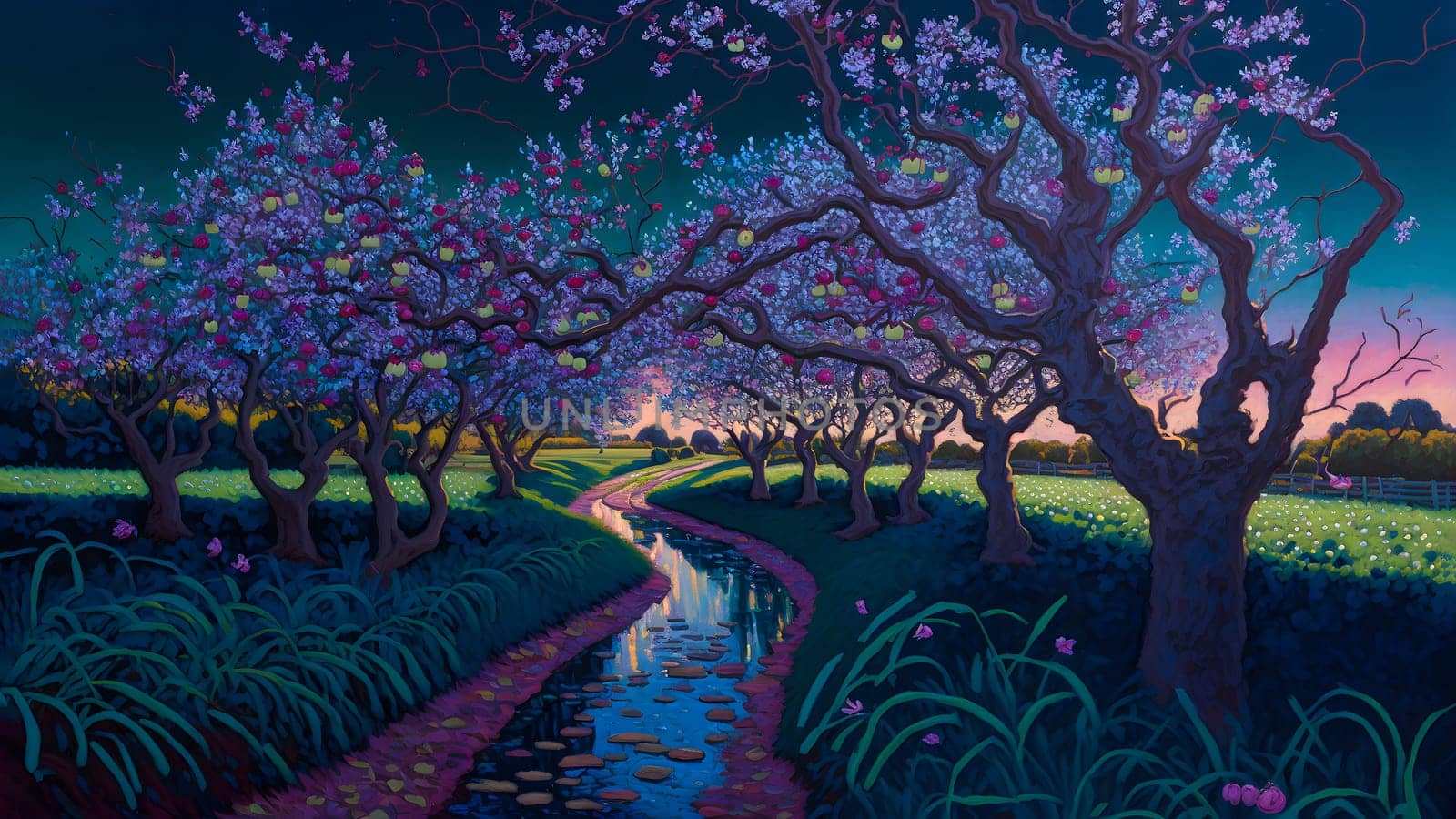 artistic 2d painting of spring blooming tree garden at night, neural network generated art. Digitally generated image. Not based on any actual person, scene or pattern.