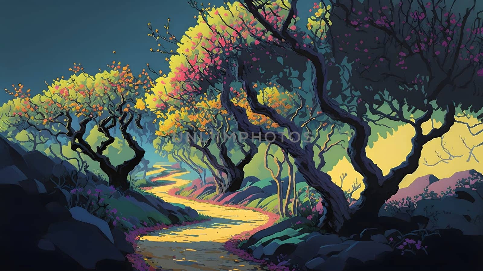artistic 2d painting of footpath between sprawling trees at sunny summer day, neural network generated art. Digitally generated image. Not based on any actual person, scene or pattern.