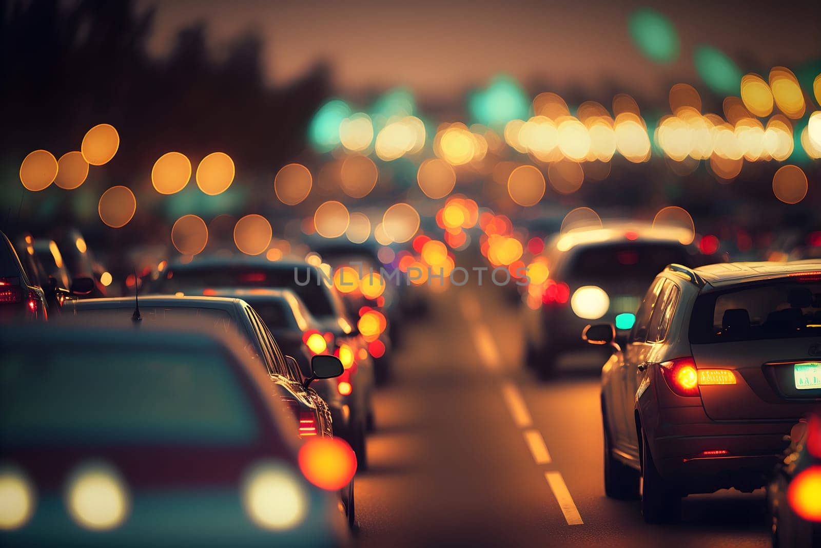 night traffic jam with shallow depth of field, neural network generated art. Digitally generated image. Not based on any actual scene or pattern.