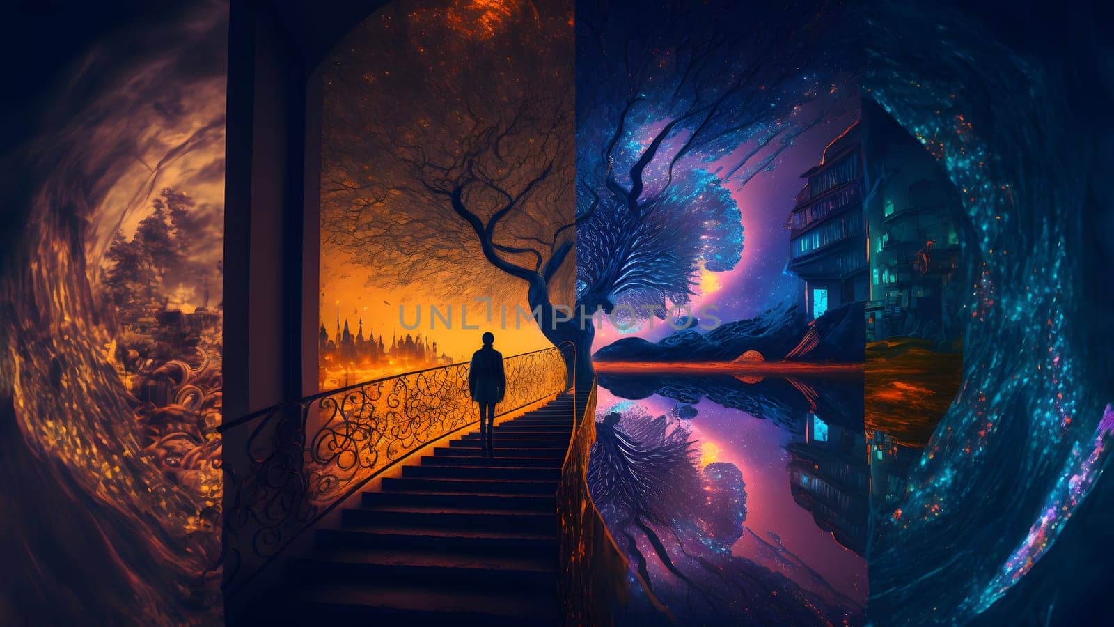 surreal magic fantasy worlds wallpaper divided in four vertical stripes, neural network generated art. Digitally generated image. Not based on any actual person, scene or pattern.