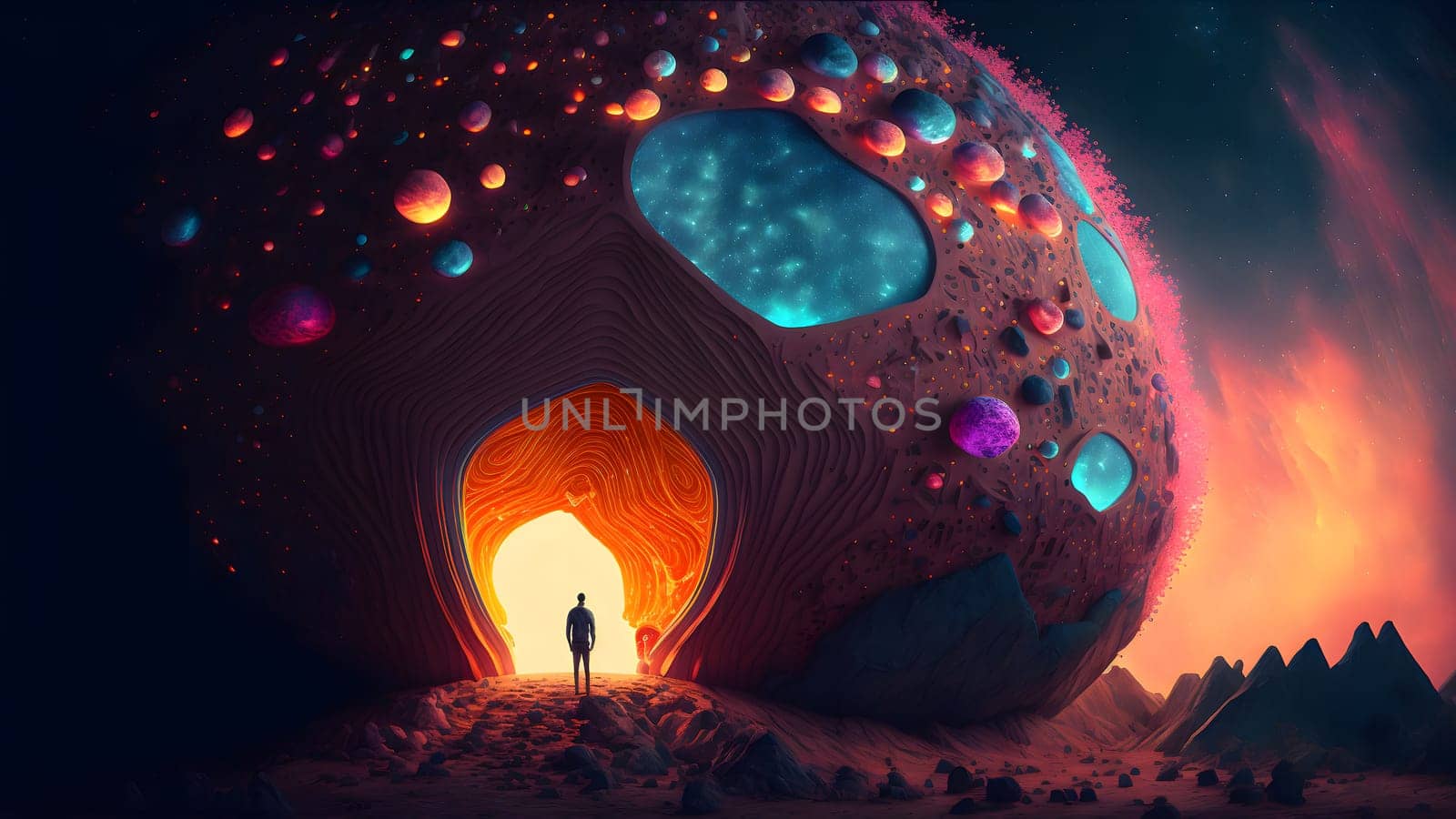 human silhouette in surreal magic fantasy world, neural network generated wallpaper art. Digitally generated image. Not based on any actual person, scene or pattern.