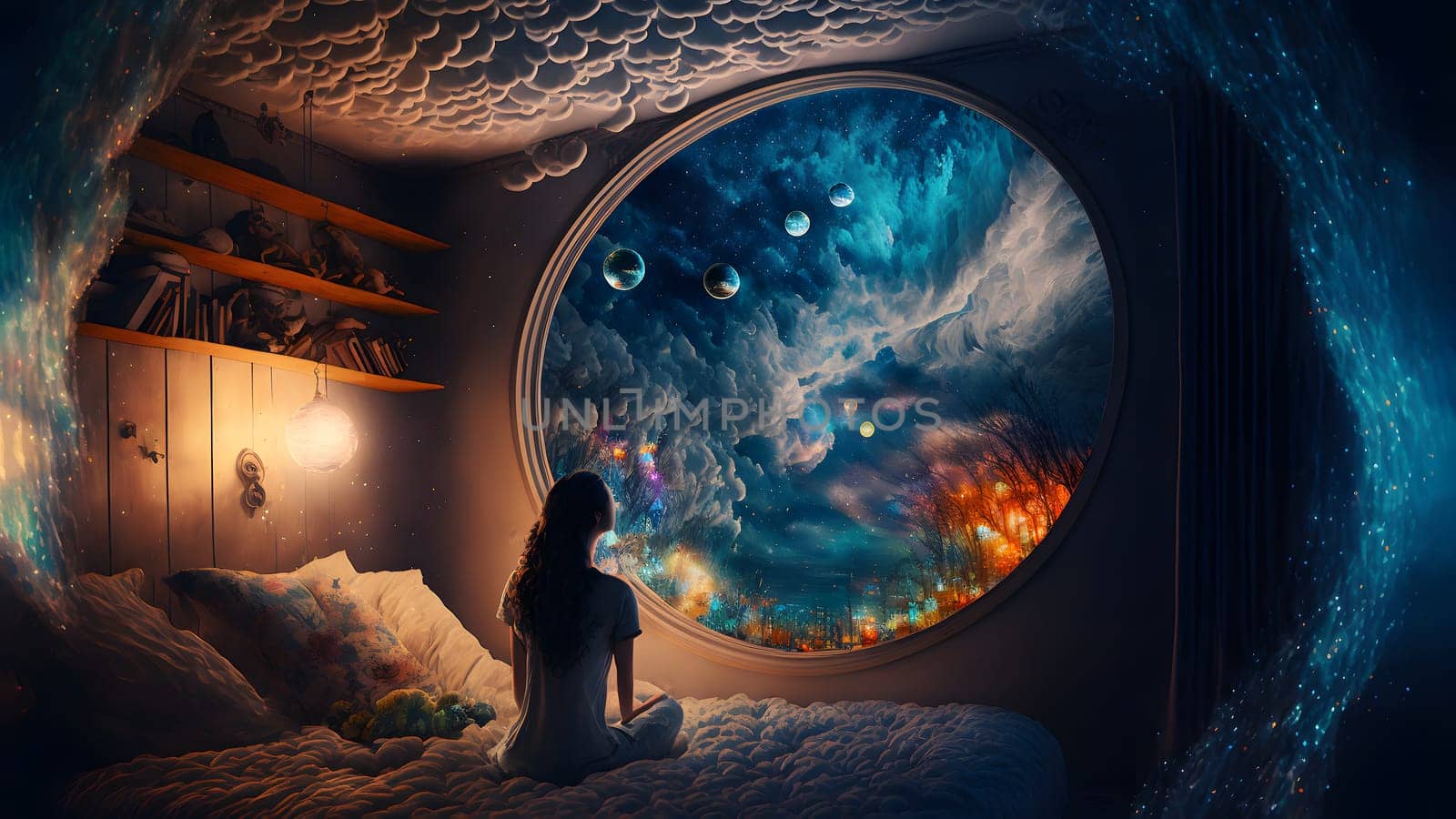 woman sitting on her bed at night and looking into the portal to dream world on the wall, neural network generated art. Digitally generated image. Not based on any actual person, scene or pattern.