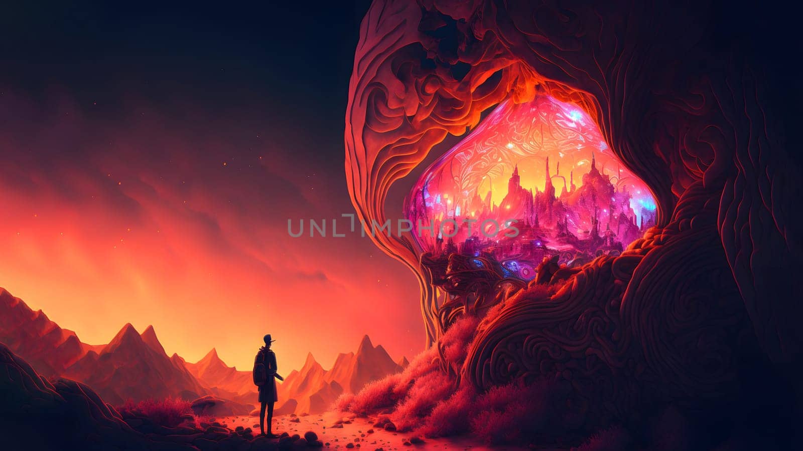 human silhouette in front of surreal magic fantasy world entrance, neural network generated art. Digitally generated image. Not based on any actual person, scene or pattern.
