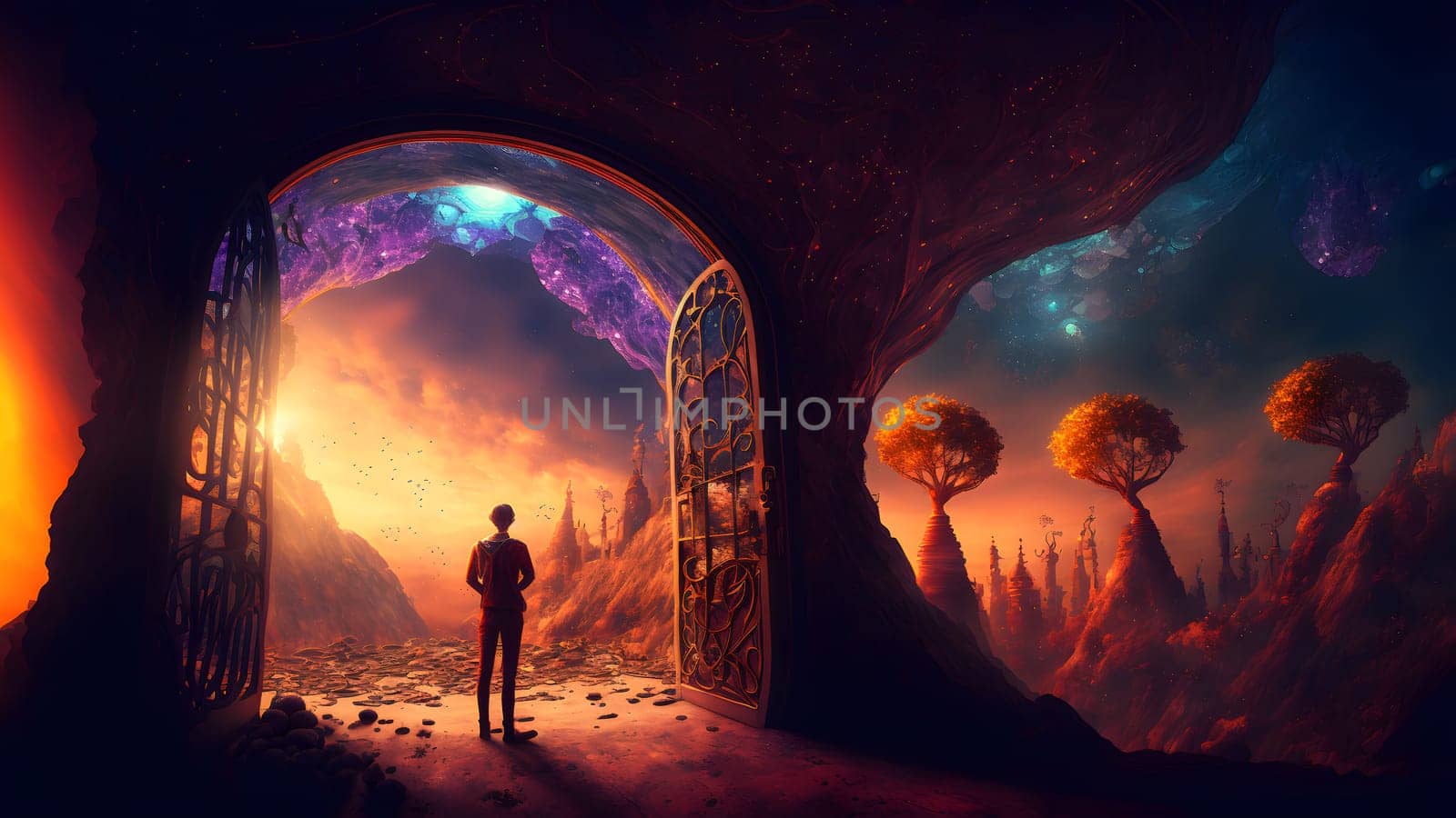 human figure in front of opened gates to surreal magic fantasy world, neural network generated art. Digitally generated image. Not based on any actual person, scene or pattern.