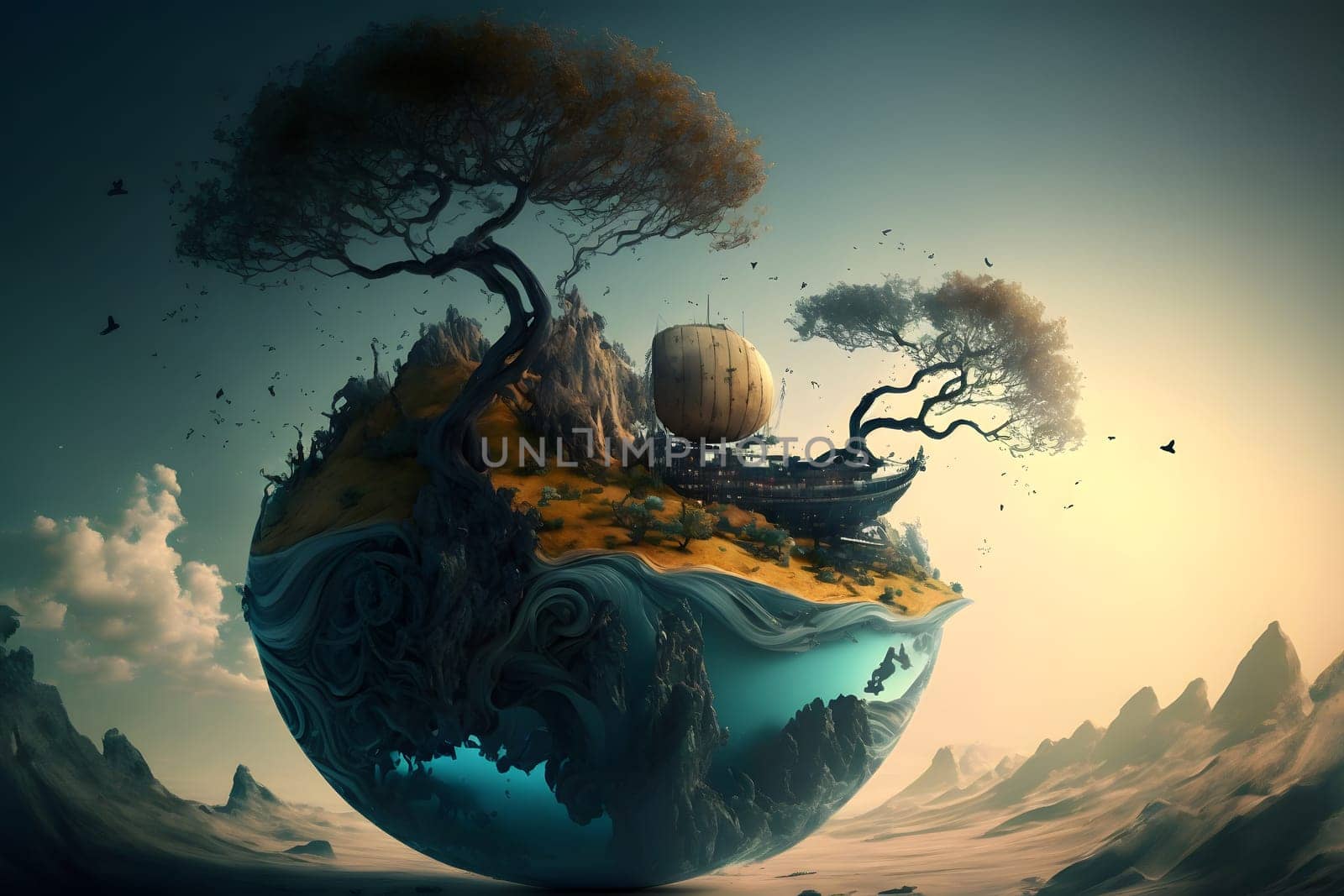 surreal morning dreamscape of floating bubble with tree and boat on it, neural network generated art. Digitally generated image. Not based on any actual person, scene or pattern.