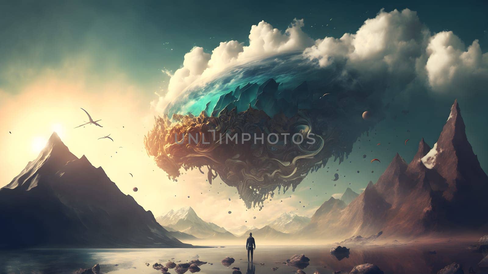human silhouette in fantastic landscape in front of strange floating island entity, neural network generated wallpaper art. Digitally generated image. Not based on any actual person, scene or pattern.