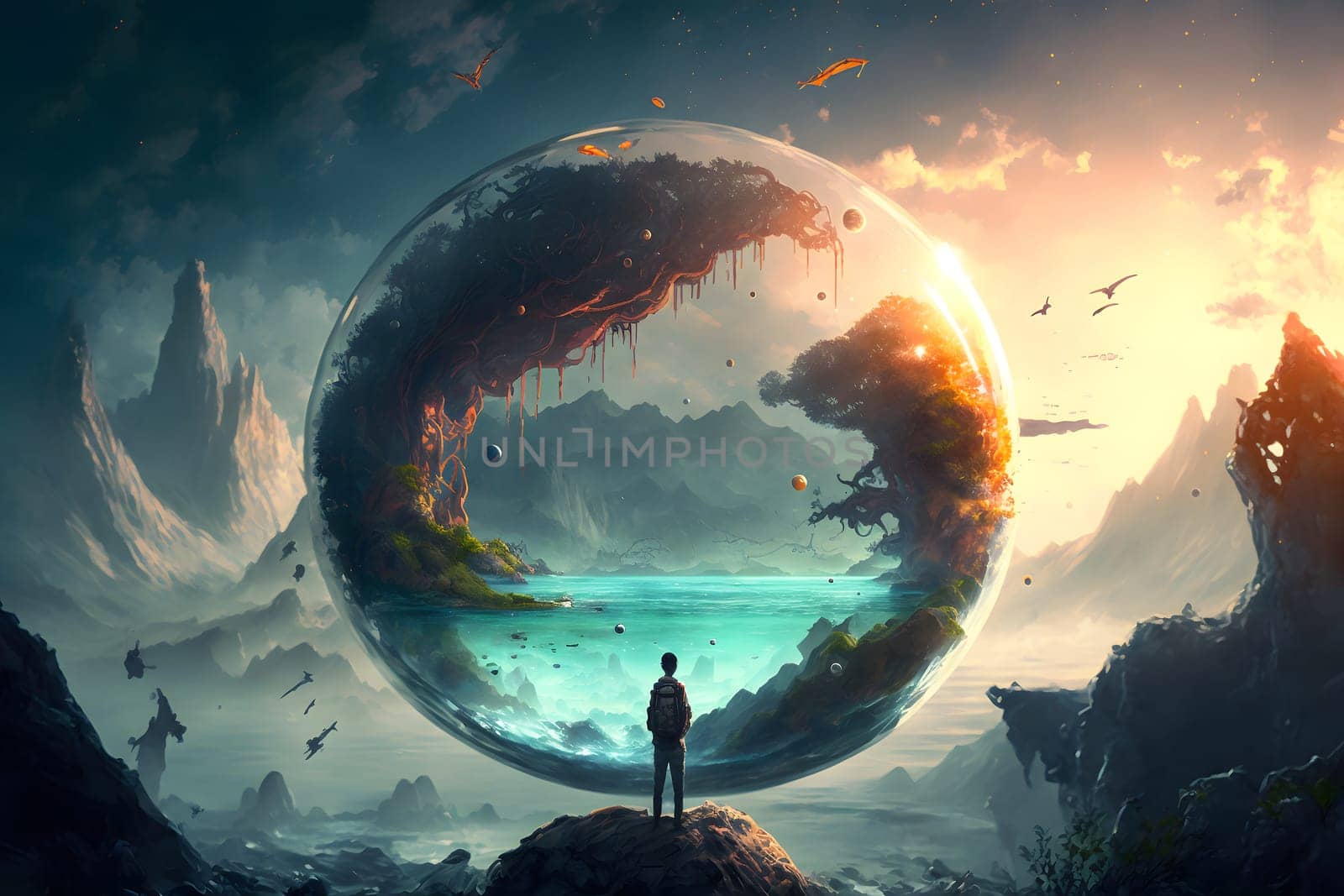 human figure in front of thansparent space distortion bubble anomaly in foggy high mountains landscape, image generated with neural network in spring 2023. Not based on any actual scene or pattern.