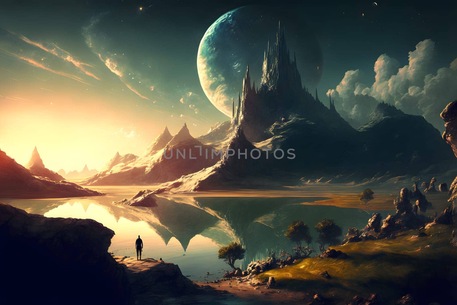 human figure standing on the rock in front of mountain lake, extraterrestrial summer landscape. Generated with neural network in spring 2023. Not based on any actual person, scene or pattern.