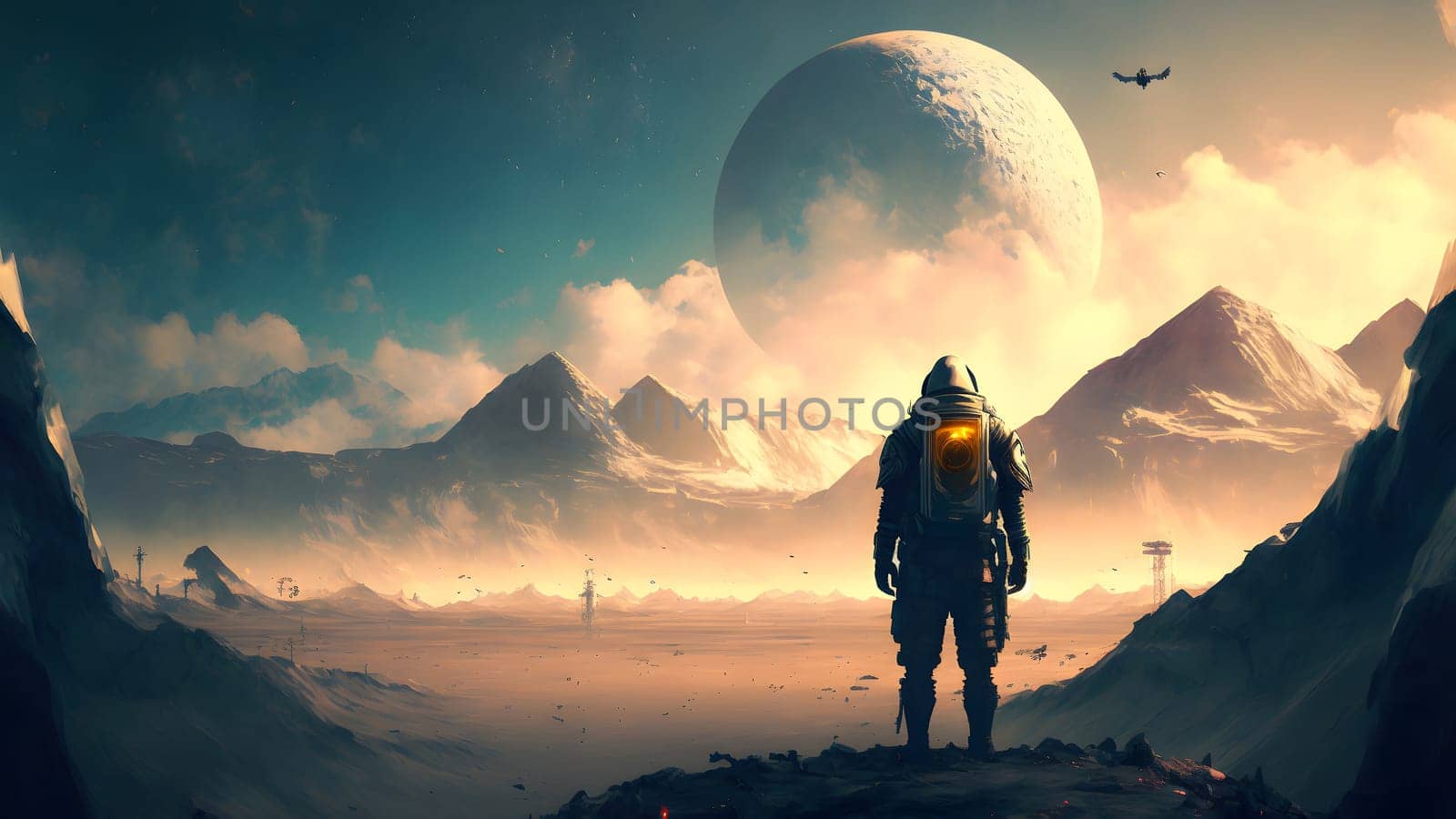 alone human in space suit standing in extraterrestrial rocky valley landscape at sunrise with close planetoid moon in the sky, neural network generated in spring 2023.