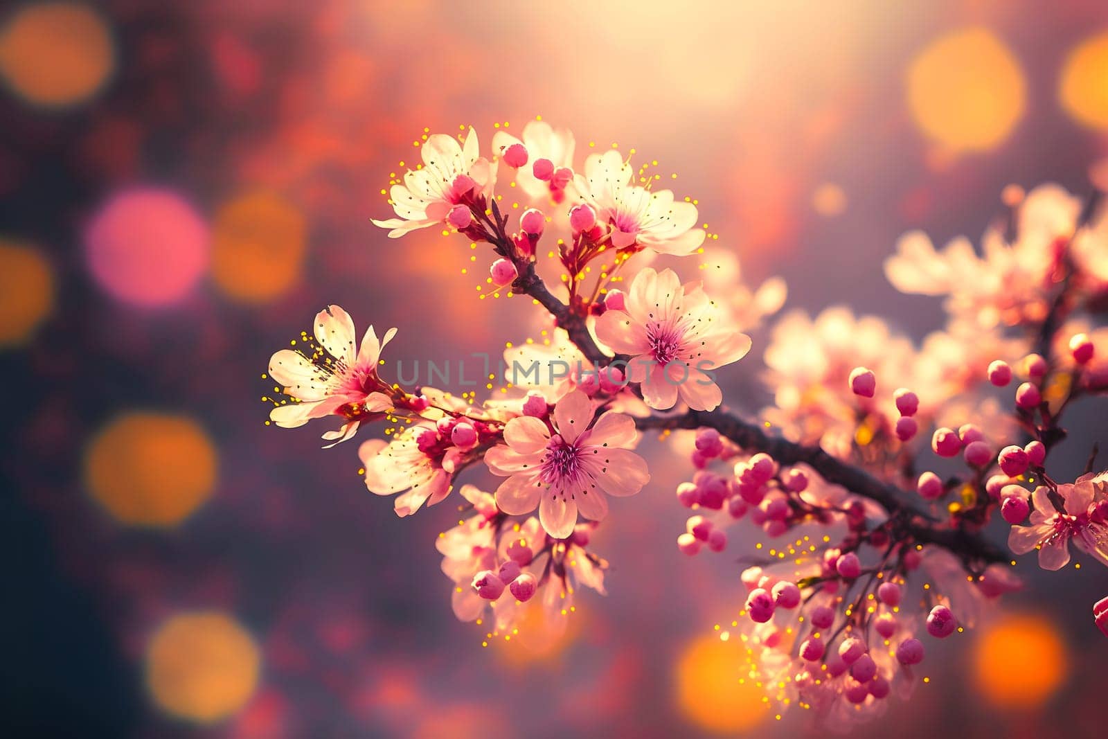 closeup view of blooming cherry or sakura with selective focus, bokeh and artistic light, neural network generated art. Digitally generated image. Not based on any actual person, scene or pattern.