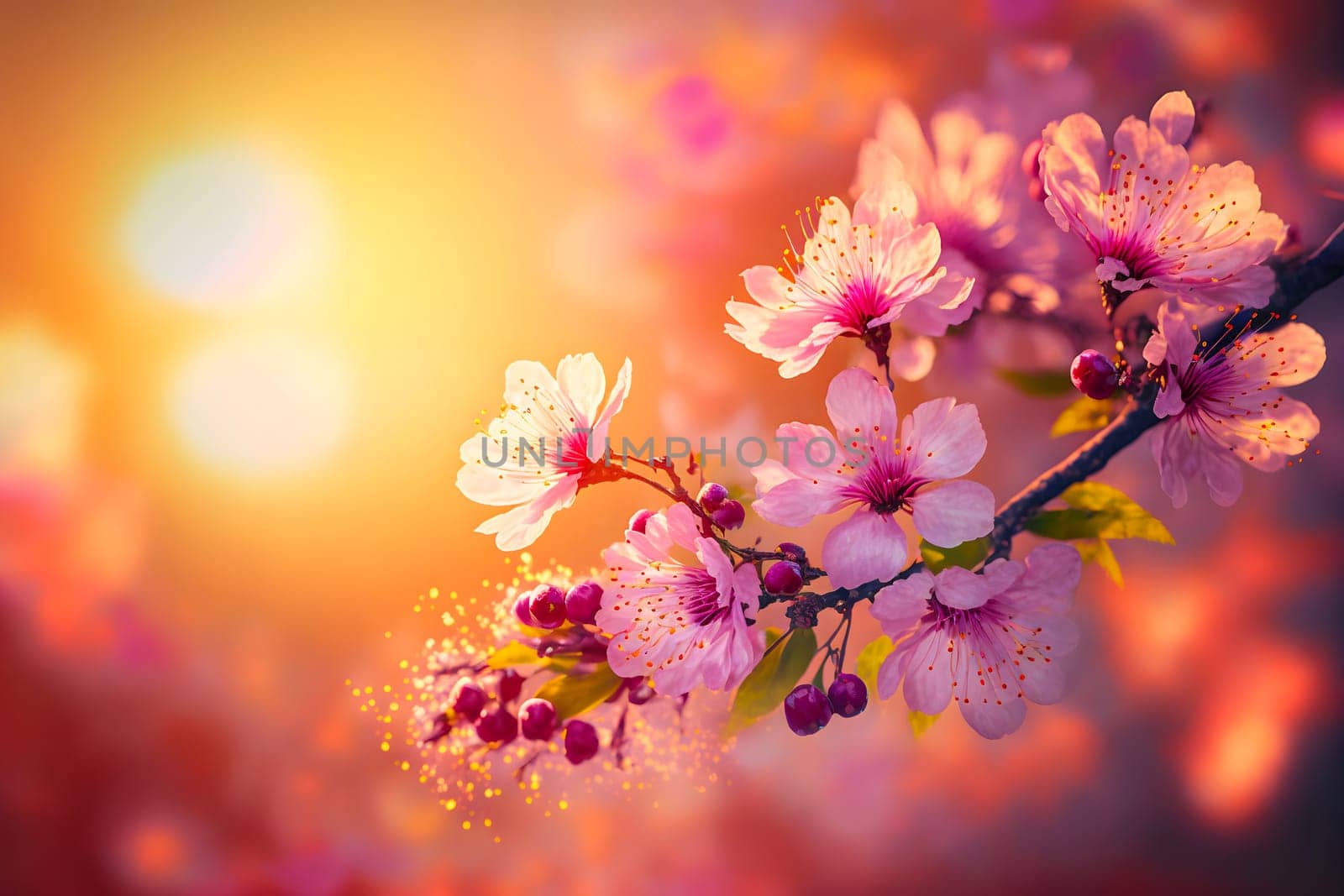closeup view of blooming cherry or sakura with selective focus, bokeh and artistic light, neural network generated art. Digitally generated image. Not based on any actual person, scene or pattern.